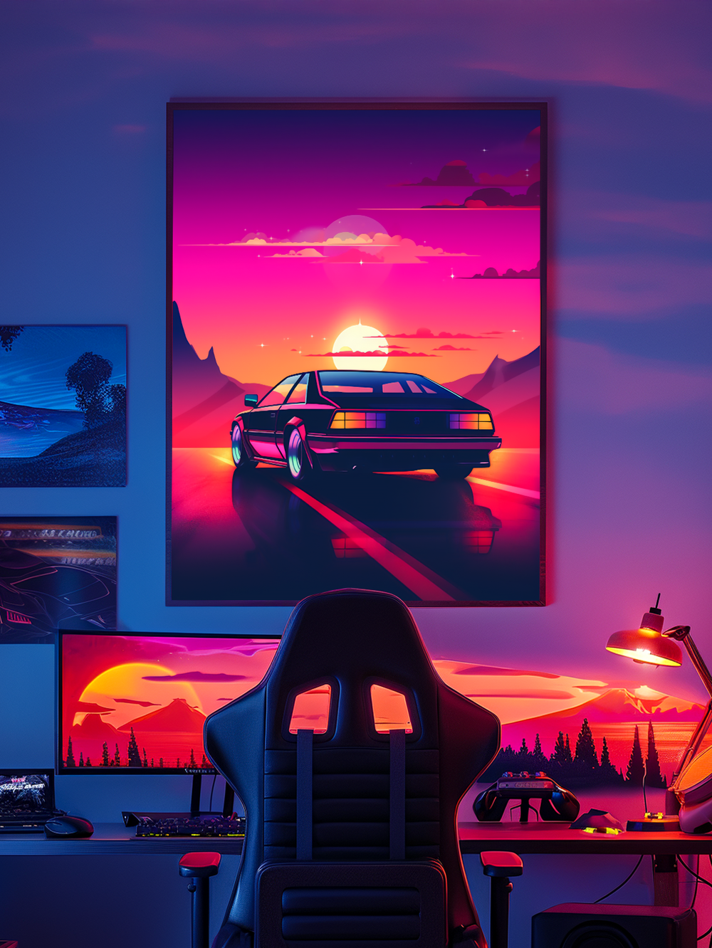 A bold retro-style poster featuring a sports car driving into a neon sunset is mounted above a dual-monitor gaming desk. The room is illuminated by vibrant purple and red LED lighting, with a racing chair, simulation gear, and a cohesive neon aesthetic that creates a fully immersive gamer atmosphere.