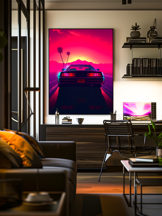 Frontal view of a modern home office with a large framed poster showing a retro sports car driving into a neon sunset with palm trees. The room features a sleek dark desk, open shelves with books and decor, a leather sofa with orange cushions, and warm lighting that complements the vivid colors of the poster.