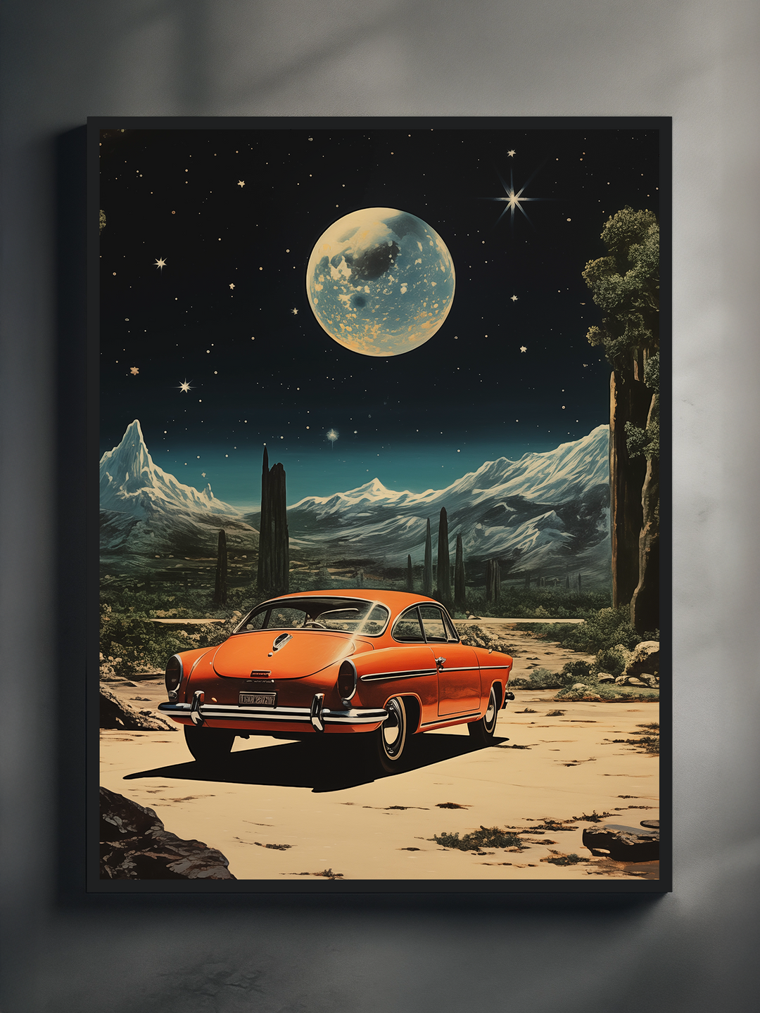A surreal sci-fi inspired poster showing an orange vintage car in a desert landscape with towering cacti, snowy mountains, and a glowing full moon against a star-filled sky. The illustration combines retro aesthetics with cosmic elements, framed in black and presented on a neutral background.