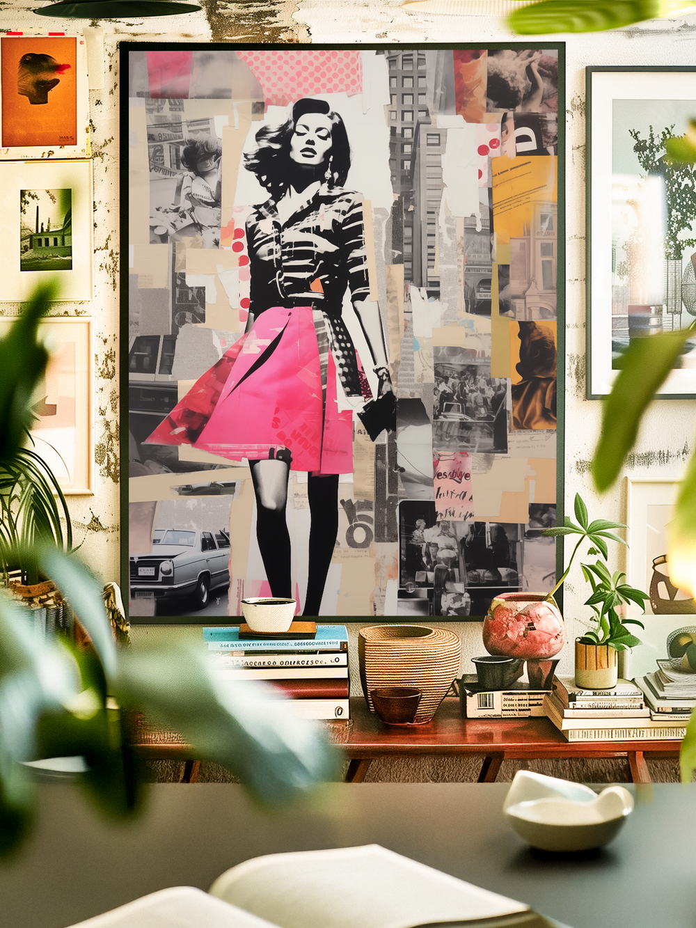 Colorful collage art of a stylish woman in a bold pink skirt surrounded by urban imagery and vintage newspaper textures. The framed artwork is displayed above a mid-century wooden cabinet, decorated with plants, books, and ceramics, creating a lively and artistic interior atmosphere.