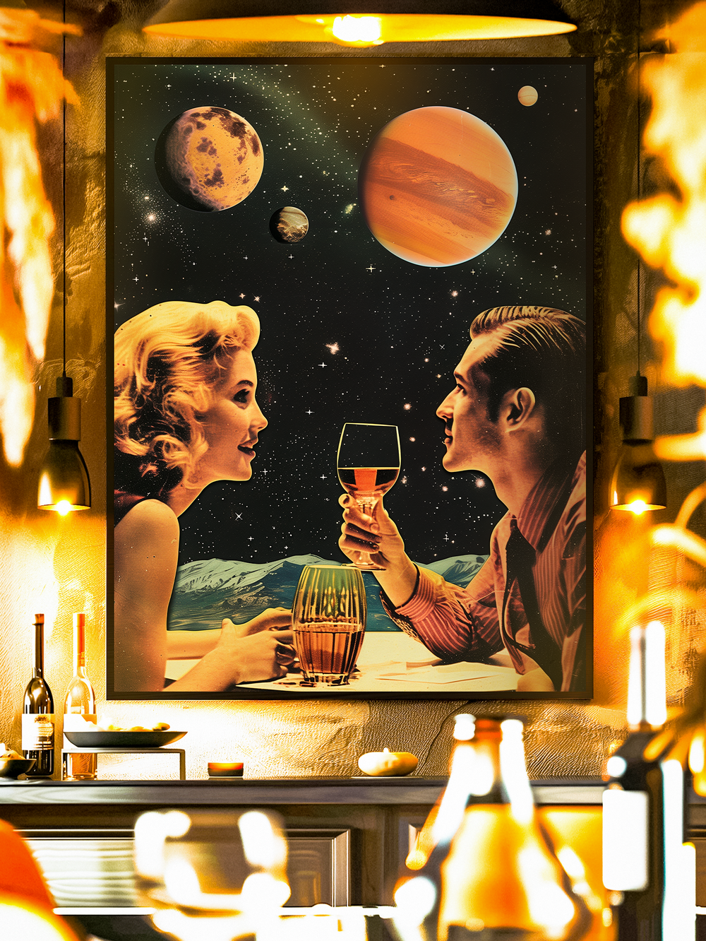 A retro-style poster depicting a man and woman smiling and raising glasses of wine against a surreal cosmic backdrop with multiple planets and stars. The couple, dressed in vintage attire, sits as if on a date while the scene blends romantic nostalgia with futuristic space fantasy.