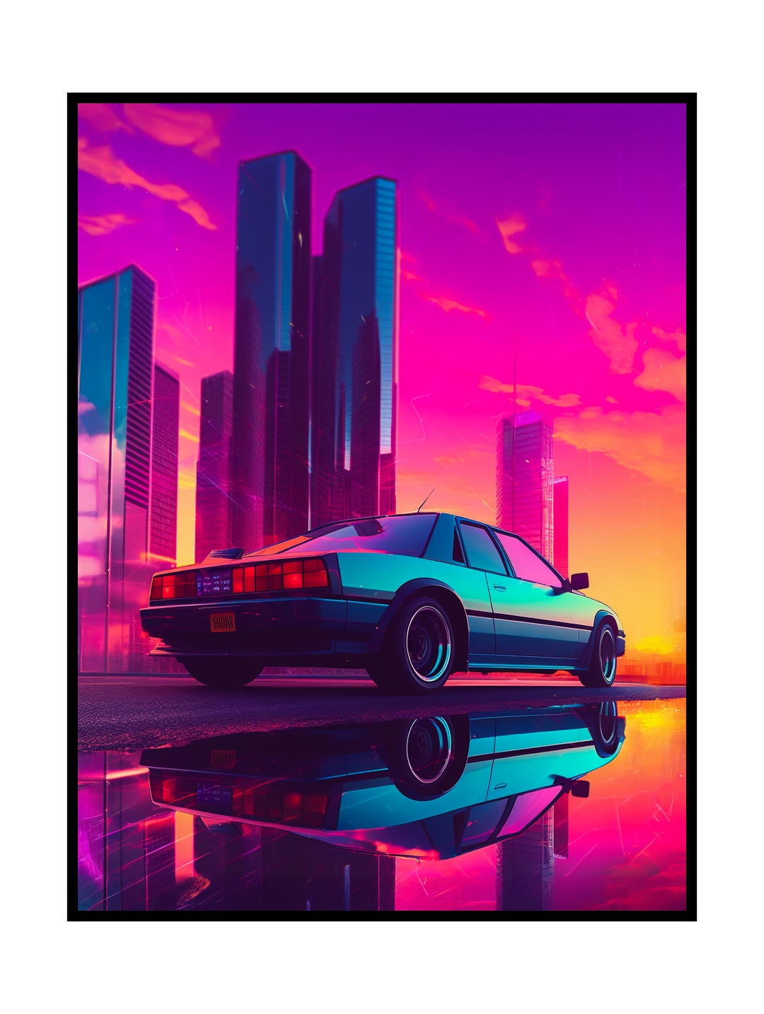 Stylized retro-futuristic art print showing a classic car parked in front of a glowing neon city skyline at sunset. Vibrant pink, purple, and blue tones reflect on wet streets, creating a cinematic synthwave atmosphere inspired by 1980s retro futurism and urban night aesthetics.
