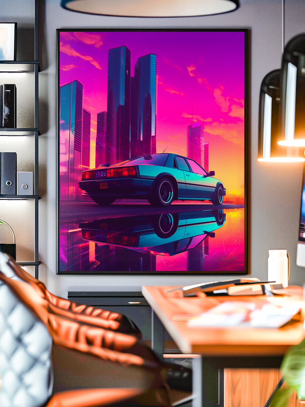 Bold retrofuturistic artwork featuring a classic sports car reflecting on a glossy surface, set against a neon-lit skyline with towering skyscrapers and a vivid sunset sky in pink, purple, and orange tones. The design combines synthwave aesthetics and cyberpunk vibes, making it a striking statement piece for modern interiors.