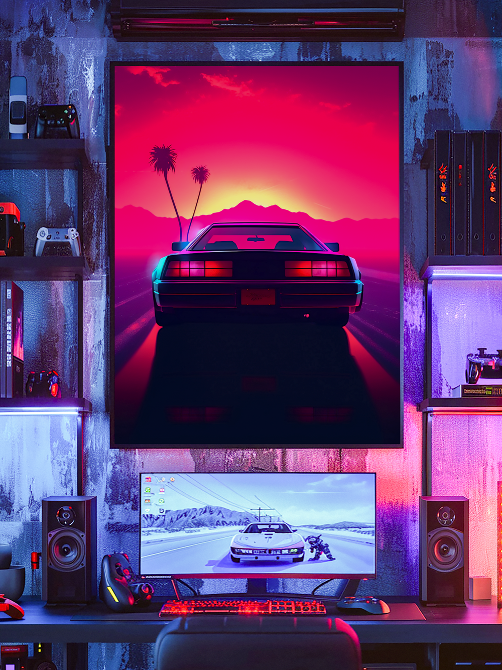 Vibrant synthwave artwork of a classic sports car driving toward a glowing neon sunset, framed by palm trees and mountains in the distance. The bold design features vivid pink, orange, and purple tones, creating a nostalgic retrofuturistic vibe perfect for gaming rooms and modern interiors.