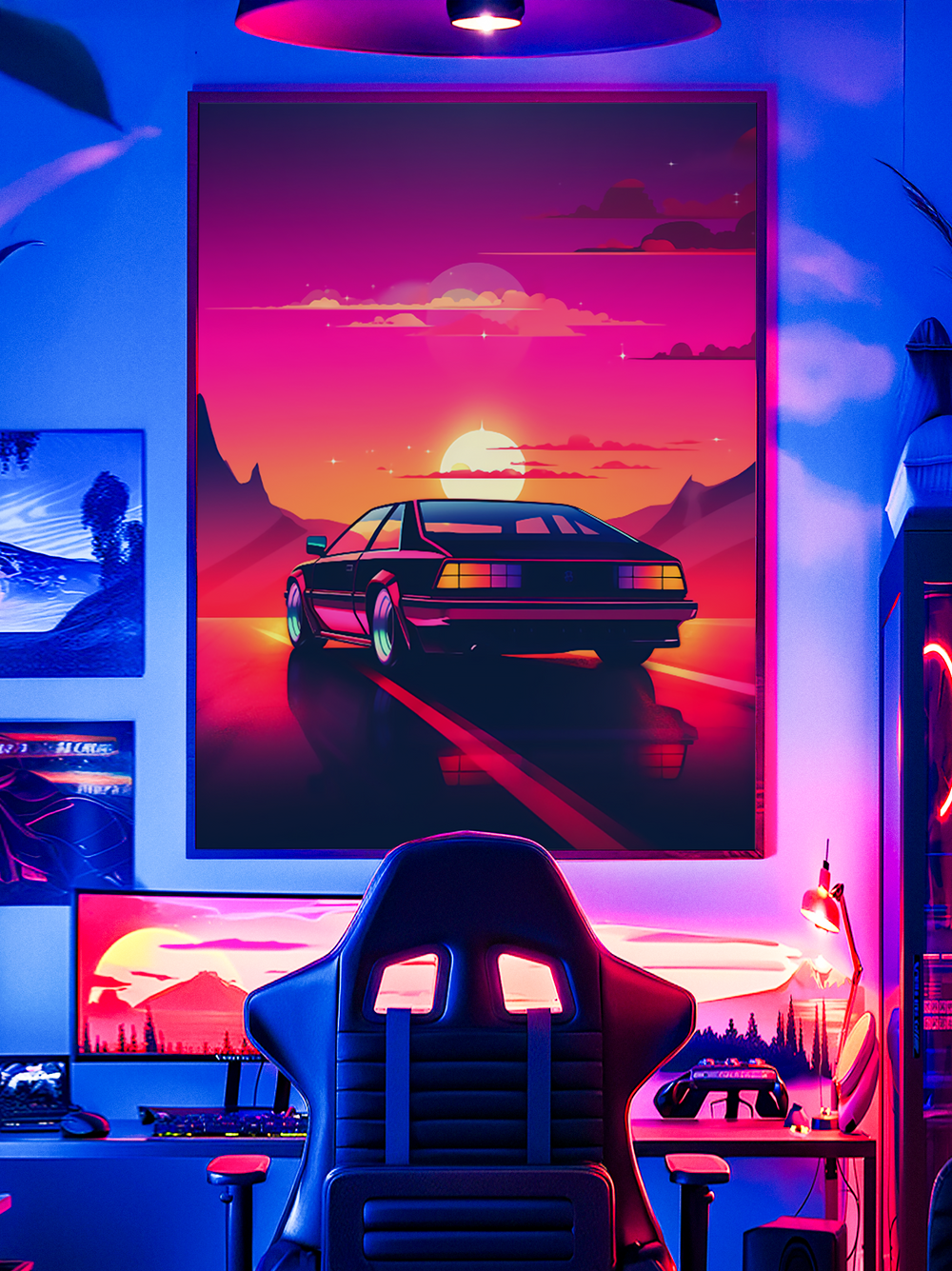 Striking synthwave artwork of a retro sports car driving into a glowing neon sunset, surrounded by mountains and vibrant skies in pink, orange, and purple hues. The futuristic design radiates nostalgia and cyberpunk energy, making it an eye-catching wall piece for gaming setups and modern interiors.