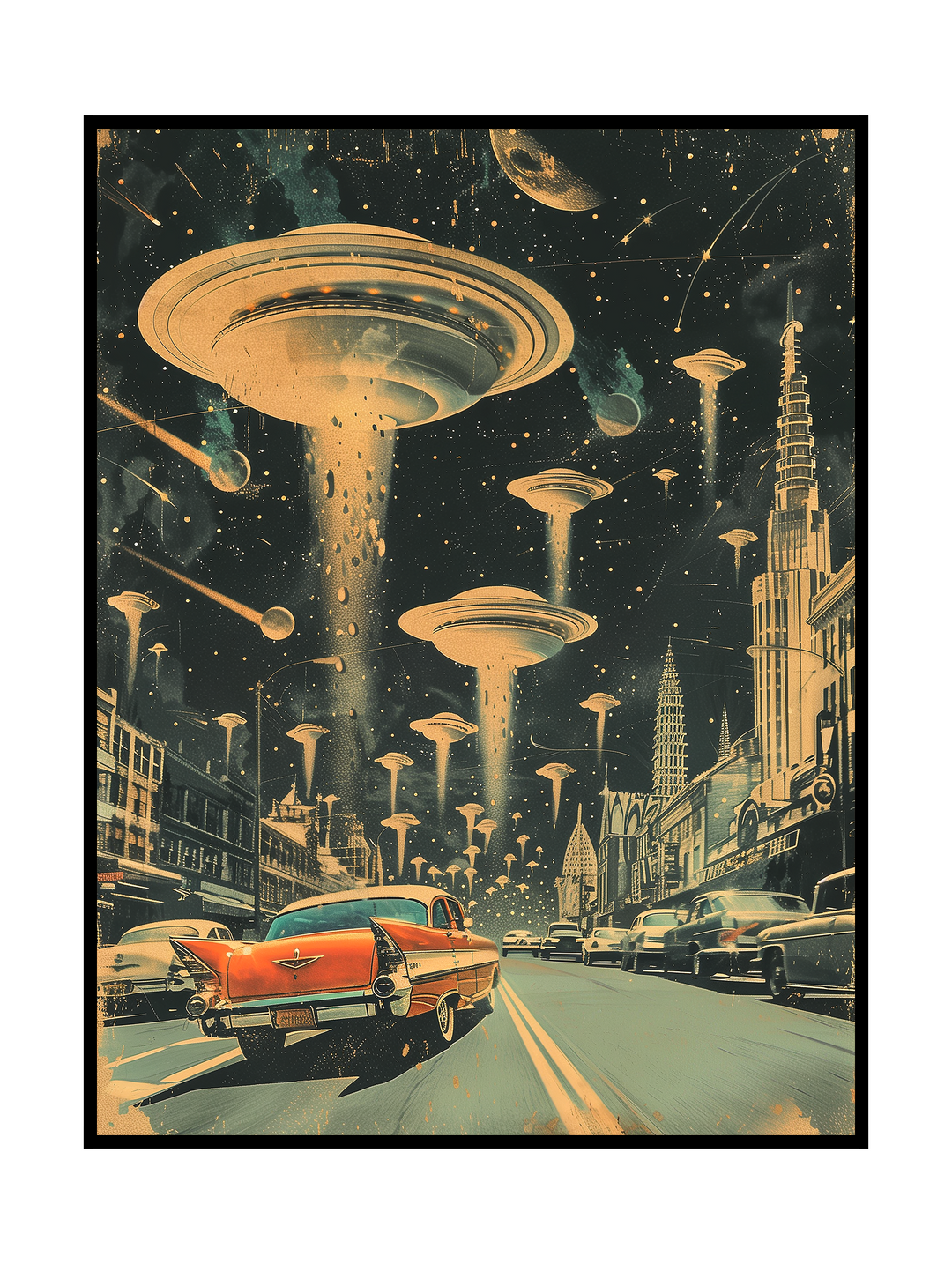 Retro futuristic cityscape artwork showing classic 1950s cars driving through a metropolitan street beneath hovering UFOs and falling meteors, blending vintage sci-fi illustration, mid-century design, and cinematic space invasion atmosphere.