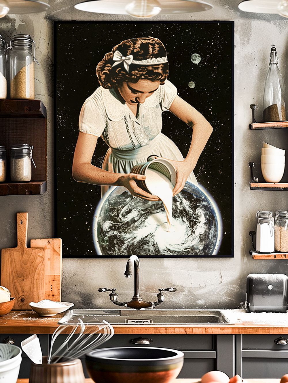 Surreal retro futuristic collage artwork of a 1950s woman pouring milk to shape the Earth’s surface and atmosphere, blending cosmic fantasy with vintage style, perfect for eclectic interiors.