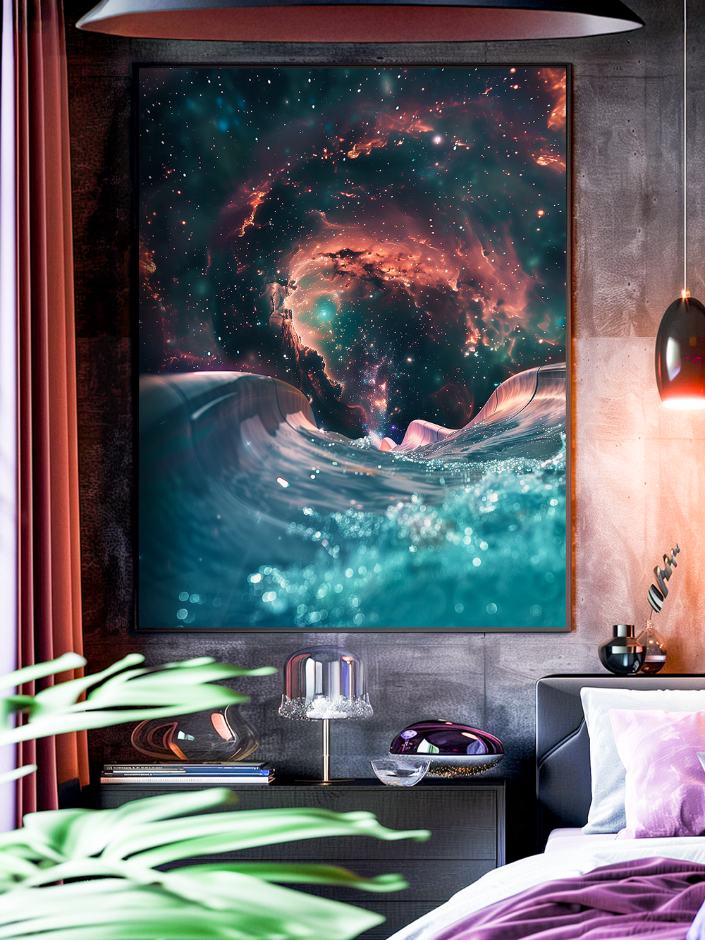 Artistic retro futuristic wall art poster depicting a surreal waterslide flowing into a glowing galaxy sky, displayed in a modern bedroom with bold colors, plants and ambient lighting, perfect for space and fantasy inspired home decor.