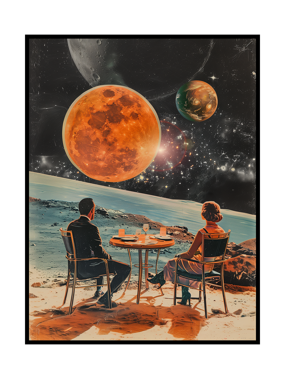 A surreal retro-futuristic scene showing a well-dressed couple seated at a small table on a barren alien landscape. They quietly dine while gazing at two glowing planets in a vast star-filled sky, blending mid-century elegance with cosmic solitude and dreamlike sci-fi atmosphere.