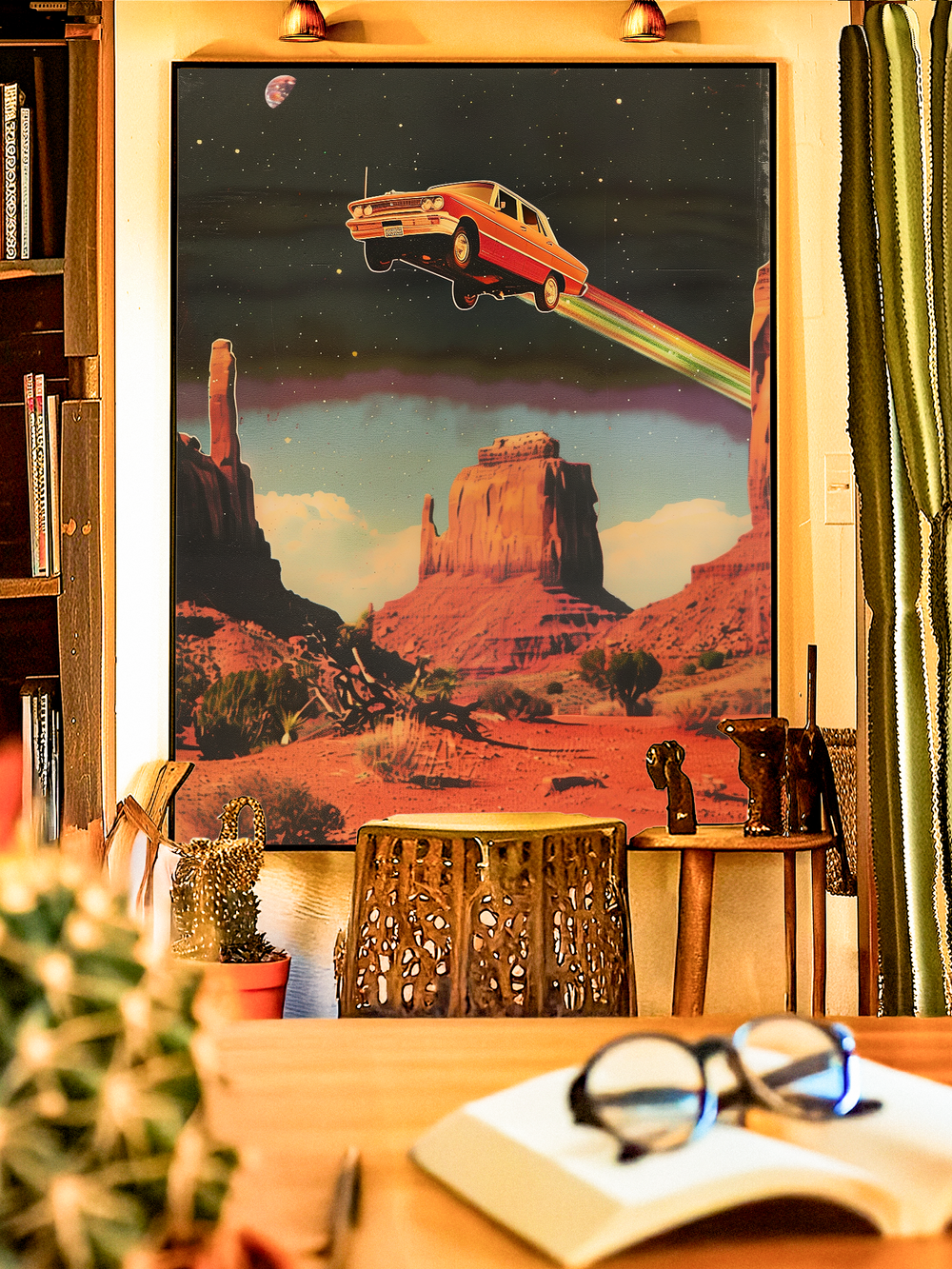 A retro-futuristic poster featuring a vintage red car soaring through the starry night sky above Monument Valley in Arizona, leaving a neon trail of light. The surreal artwork blends desert landscape, cosmic elements, and retro car culture, creating a bold and imaginative statement piece for eclectic and modern interiors.