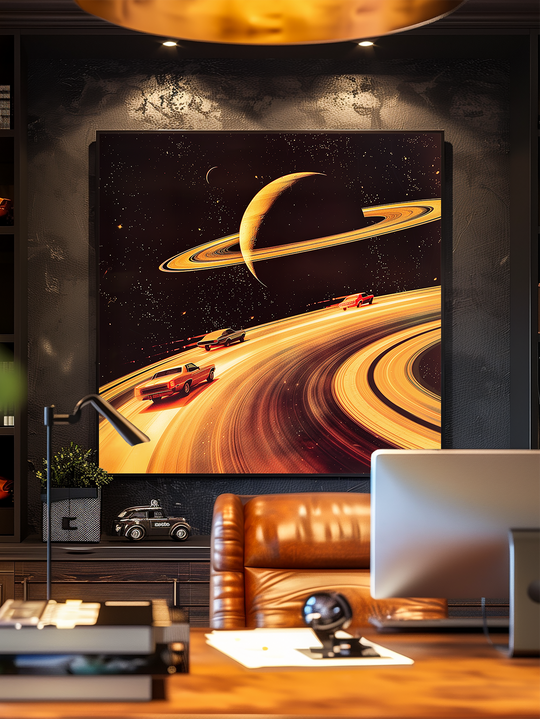 A retro-styled poster of vintage cars racing along Saturn’s rings hangs in a dark-toned, luxurious office. The artwork features bold yellow and orange tones against a starry black background, perfectly centered on a textured wall. Below the poster, a sleek wooden desk with a leather chair, a desktop monitor, and blurred foreground objects create depth. The space includes subtle auto-themed decor like a miniature vintage car model and evokes a cozy, design-conscious atmosphere for car enthusiasts.