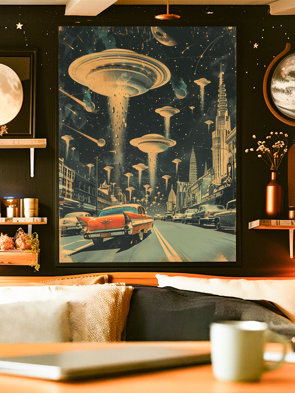 A detailed retro futuristic artwork depicting a busy city street filled with classic vintage cars while massive UFOs descend from the night sky, projecting beams of light. The scene combines mid-century city architecture with imaginative sci-fi elements, creating a cinematic and surreal atmosphere.