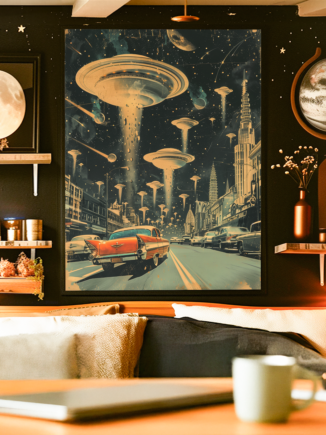 A detailed retro futuristic artwork depicting a busy city street filled with classic vintage cars while massive UFOs descend from the night sky, projecting beams of light. The scene combines mid-century city architecture with imaginative sci-fi elements, creating a cinematic and surreal atmosphere.