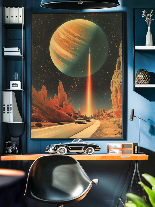 Retro futuristic sci fi wall art featuring a dramatic cosmic scene with vintage cars driving through a rocky desert canyon under a star filled sky. A massive glowing planet dominates the background while a rocket launches into space with a vibrant trail of light. The artwork blends mid century retro aesthetics with futuristic space exploration creating a bold and eye catching poster design perfect for lovers of vintage cars outer space and retro sci fi decor.