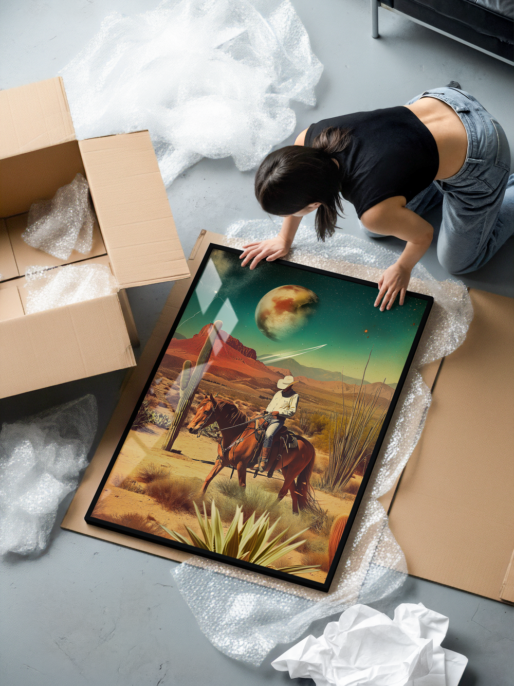 A premium wall art print featuring a retro-futuristic space cowboy riding through a vivid desert landscape with cacti, warm Western tones, and a surreal planet in the sky. Displayed in a high-quality black metal frame with crystal-clear glass, crafted on heavyweight 200 gsm matte paper for a museum-grade finish that enhances every color and detail.