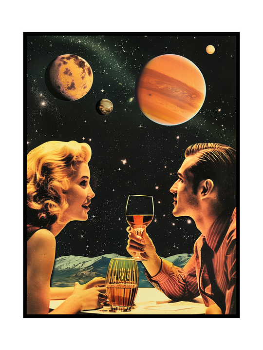 Surreal retro collage artwork showing a man and woman sharing a romantic toast at a table beneath a star-filled sky with multiple planets. The vintage mid-century aesthetic blends classic romance with cosmic fantasy, evoking a nostalgic sci-fi space date atmosphere.