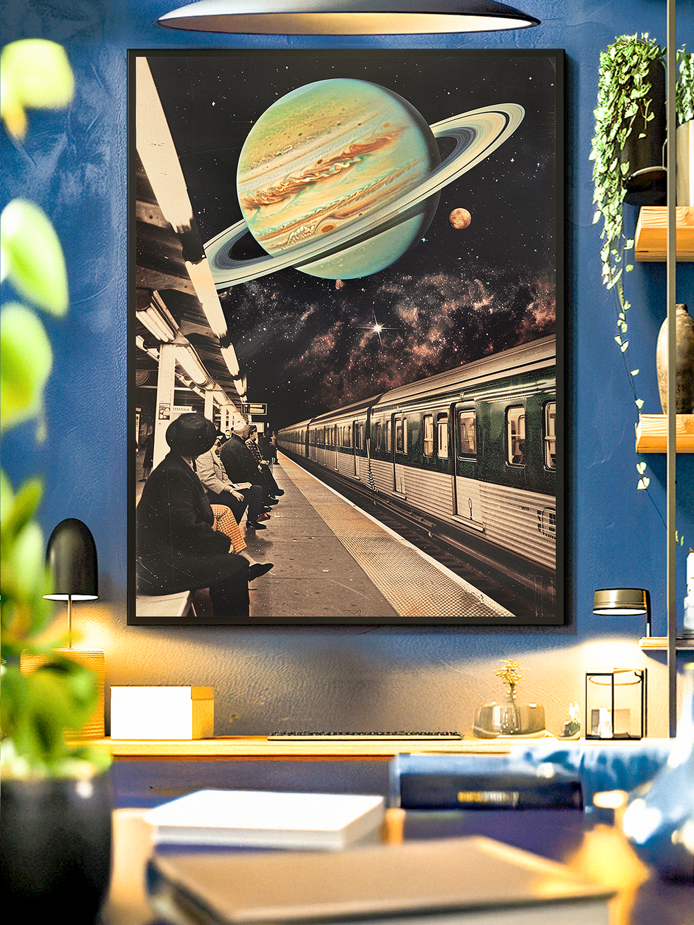 Surreal retro-futuristic poster: a vintage subway platform with commuters beneath Saturn and a star-filled galaxy. Blends urban photography and cosmic elements for a retro sci-fi, urban surrealism look—ideal as space wall art or modern home decor in living rooms, studios, or lofts.