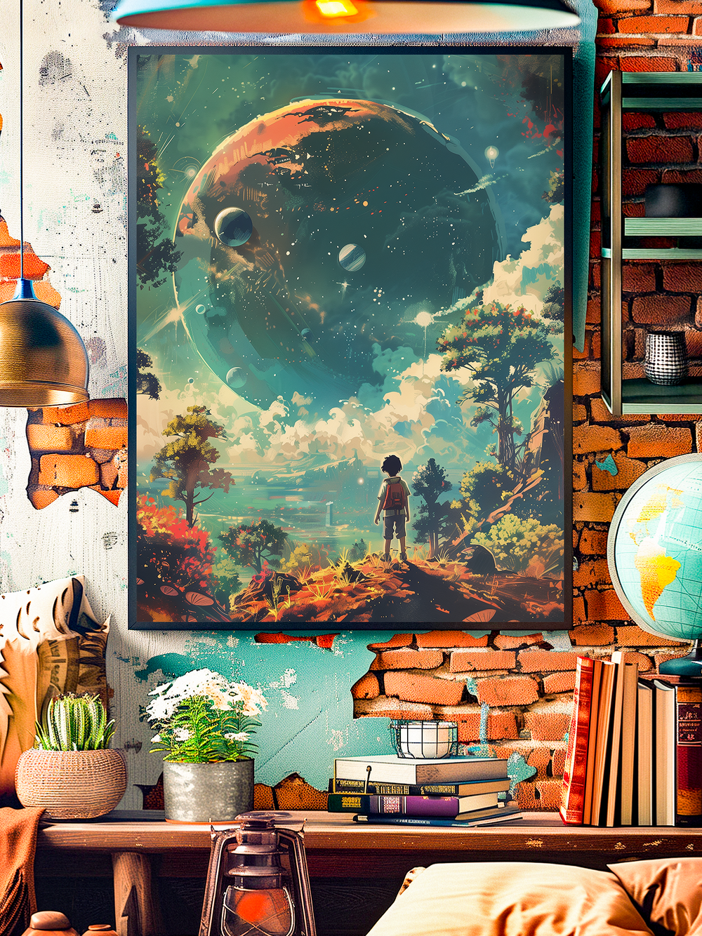 A retro futuristic Studio Ghibli inspired wall art showing a child silhouette standing in a lush fantasy forest, gazing at a massive cosmic planet in the sky with glowing colors, surreal atmosphere, and dreamy cinematic details.