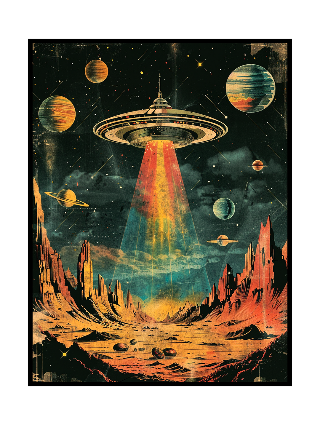 Vintage science fiction artwork depicting a classic flying saucer casting a colorful beam of light onto an alien desert landscape with planets and stars, inspired by retro sci-fi illustration and mid-century space art aesthetics.