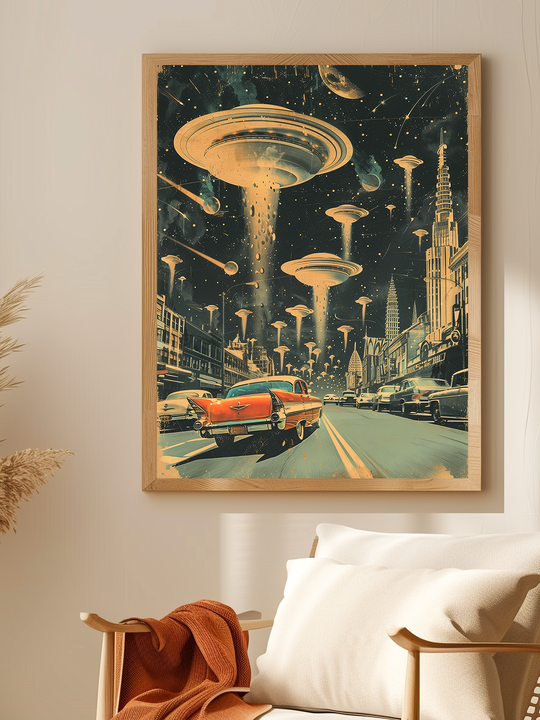 A retro futuristic poster depicting a UFO invasion over a vintage city scene with classic cars, framed in light wood and hanging above a cozy white chair draped with a warm orange blanket, creating a soft and inviting atmosphere.