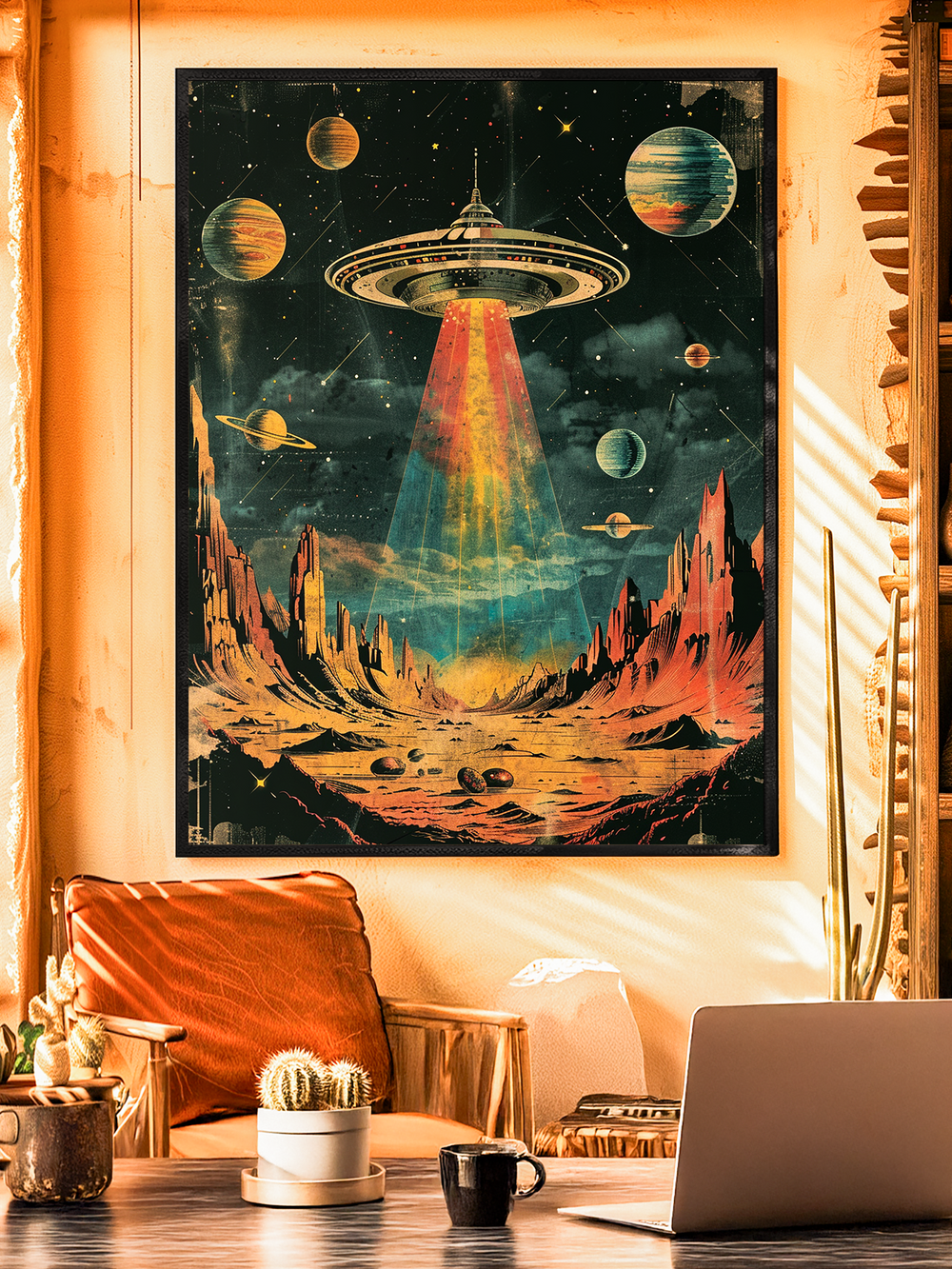 A striking retro futuristic sci-fi artwork showing a massive UFO hovering above a surreal alien desert, casting a colorful beam of light onto the rocky terrain. Surrounding planets and stars fill the night sky, blending cosmic exploration with vintage sci-fi style.