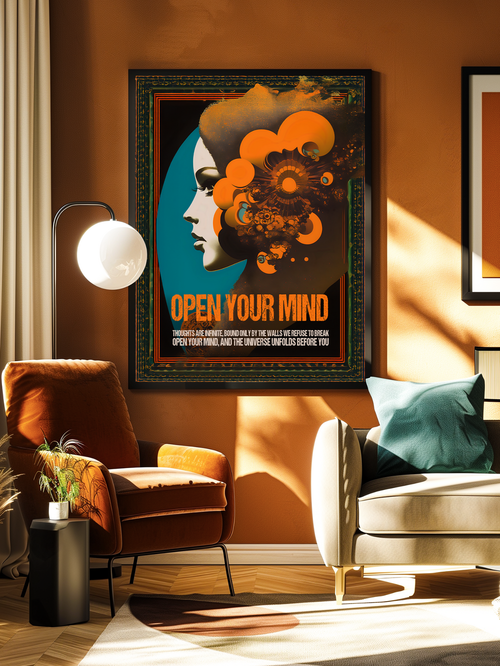 A large retro-futuristic poster with the text “Open Your Mind” hangs centered on a warm-toned wall in a cozy living room. The design features a surreal female profile and abstract cosmic shapes in orange and black tones. Below the poster, a velvet rust armchair and a light beige sofa with green cushions are bathed in soft natural light. A modern floor lamp and a small black side table with a plant complete the calm, stylish interior.