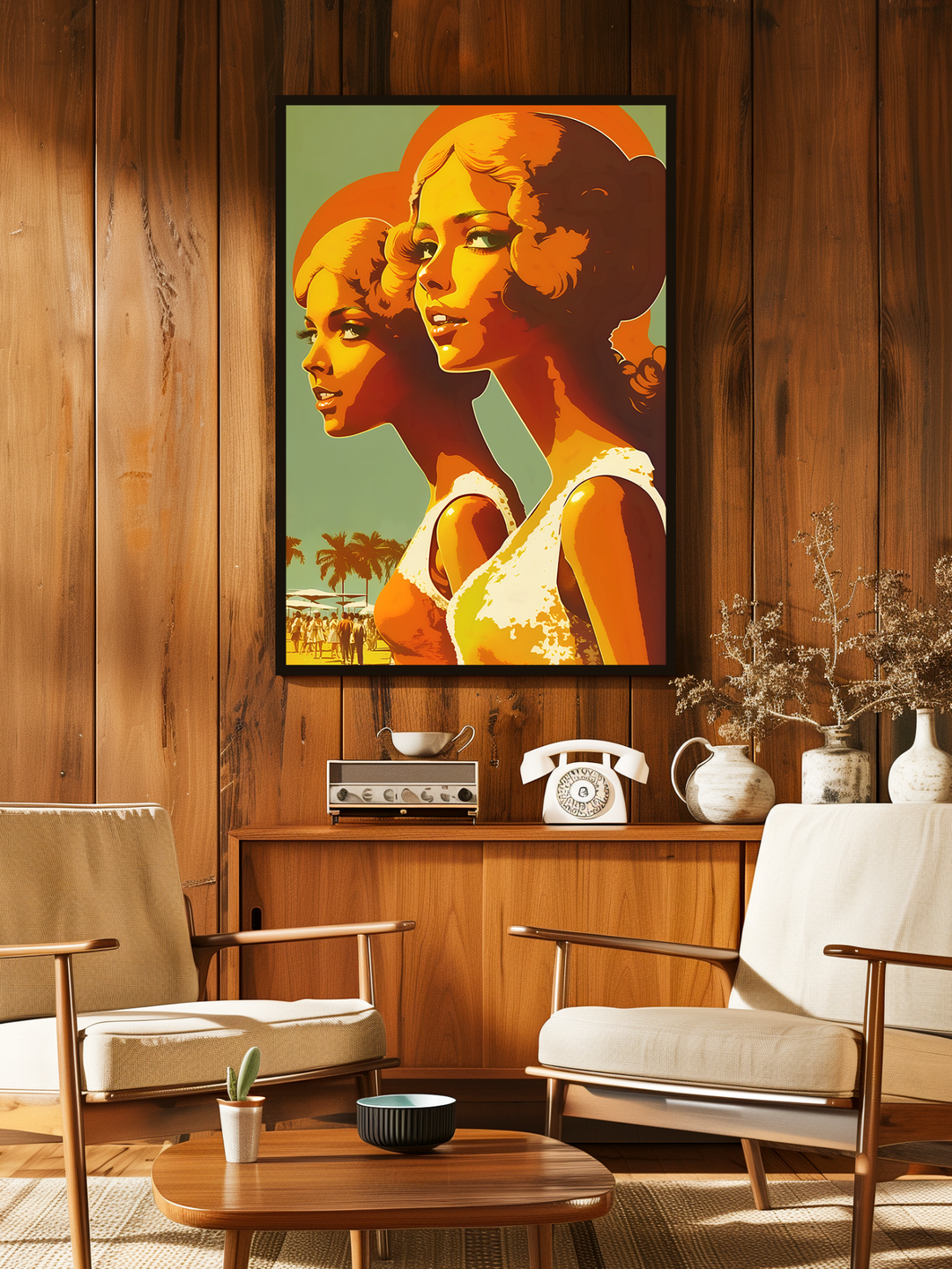A stylish 1960s-inspired living room featuring wood-paneled walls, two mid-century armchairs with cream cushions, a teak sideboard with a white rotary phone, a vintage stereo system, and ceramic vases. A colorful retro poster of two women in warm orange and yellow tones is framed and centered on the wall, creating a nostalgic and summery atmosphere.