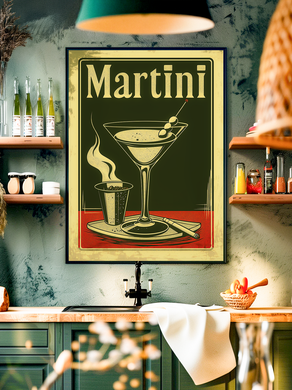 Vintage-style Martini cocktail poster with olive garnish, framed and displayed in a modern kitchen setting with shelves, bottles, and warm interior design, perfect for home bar wall art.
