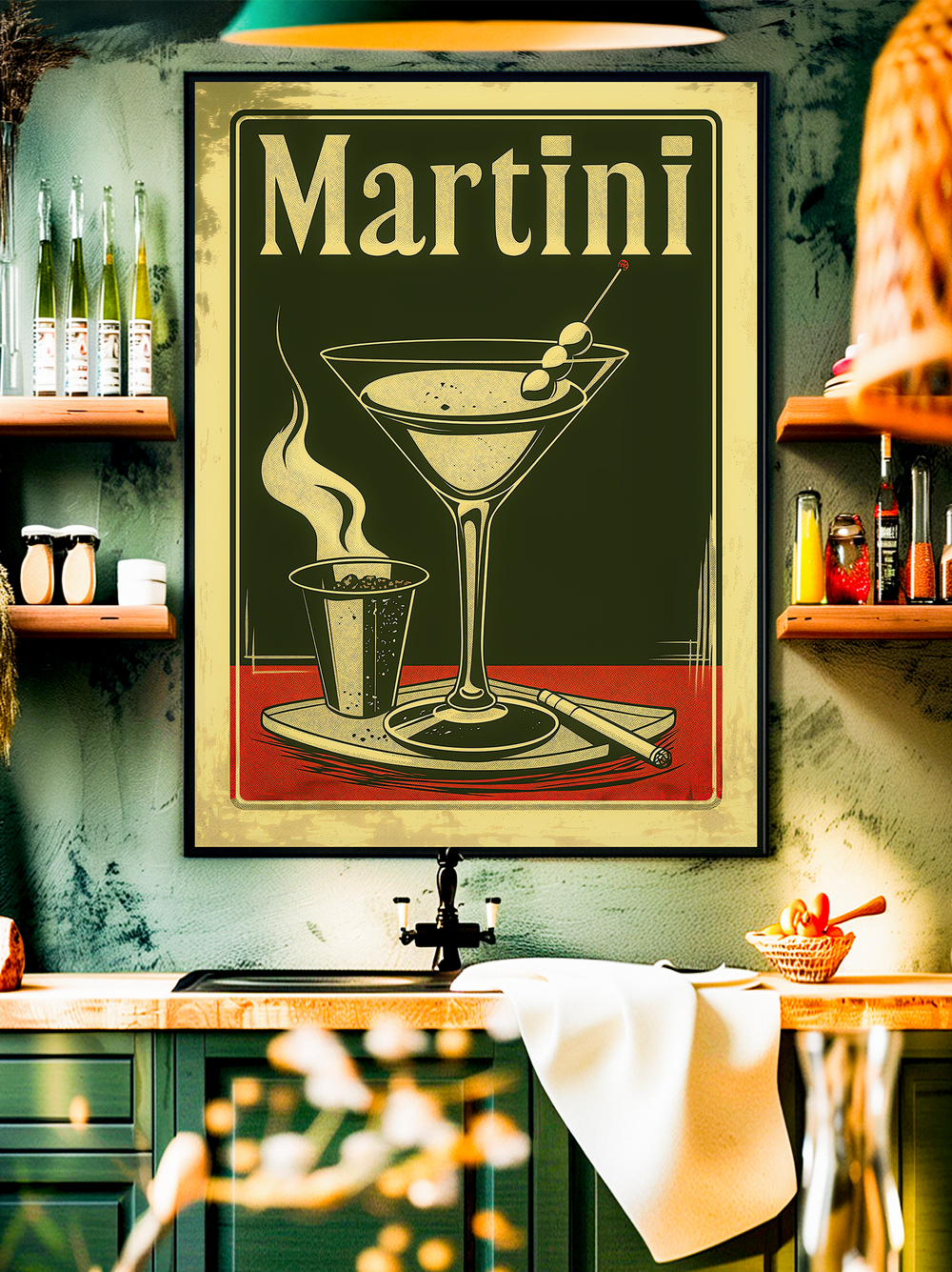 Vintage wall art poster featuring a classic martini glass with olives and retro typography, perfect for bar decor, kitchen walls, and cocktail enthusiasts.