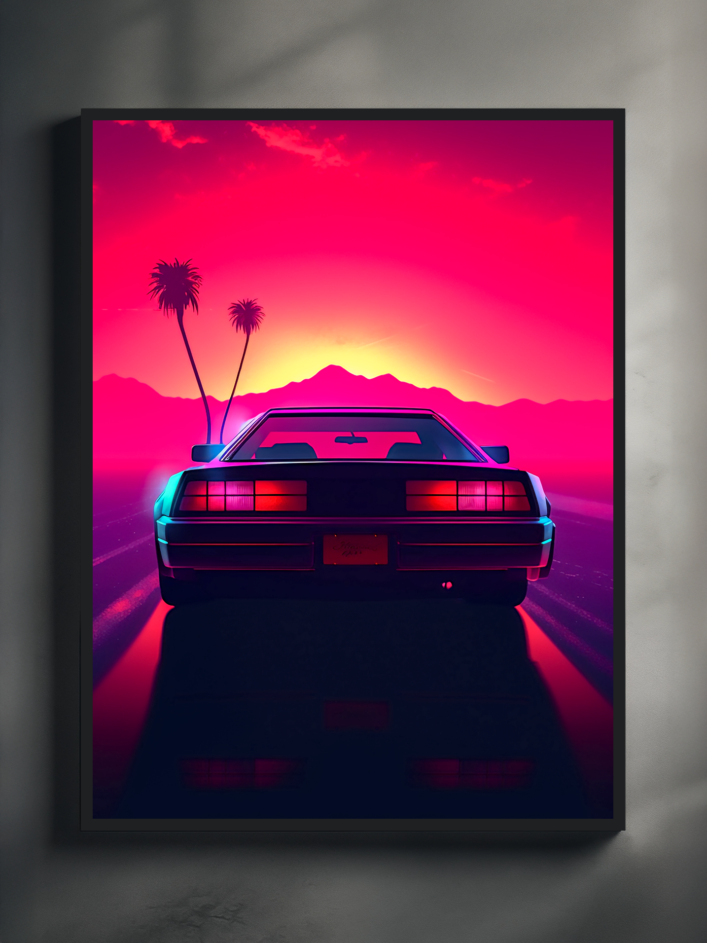 Vibrant retro poster of a classic car driving into a glowing pink sunset with palm trees, distant mountains, and neon light reflections on the road.