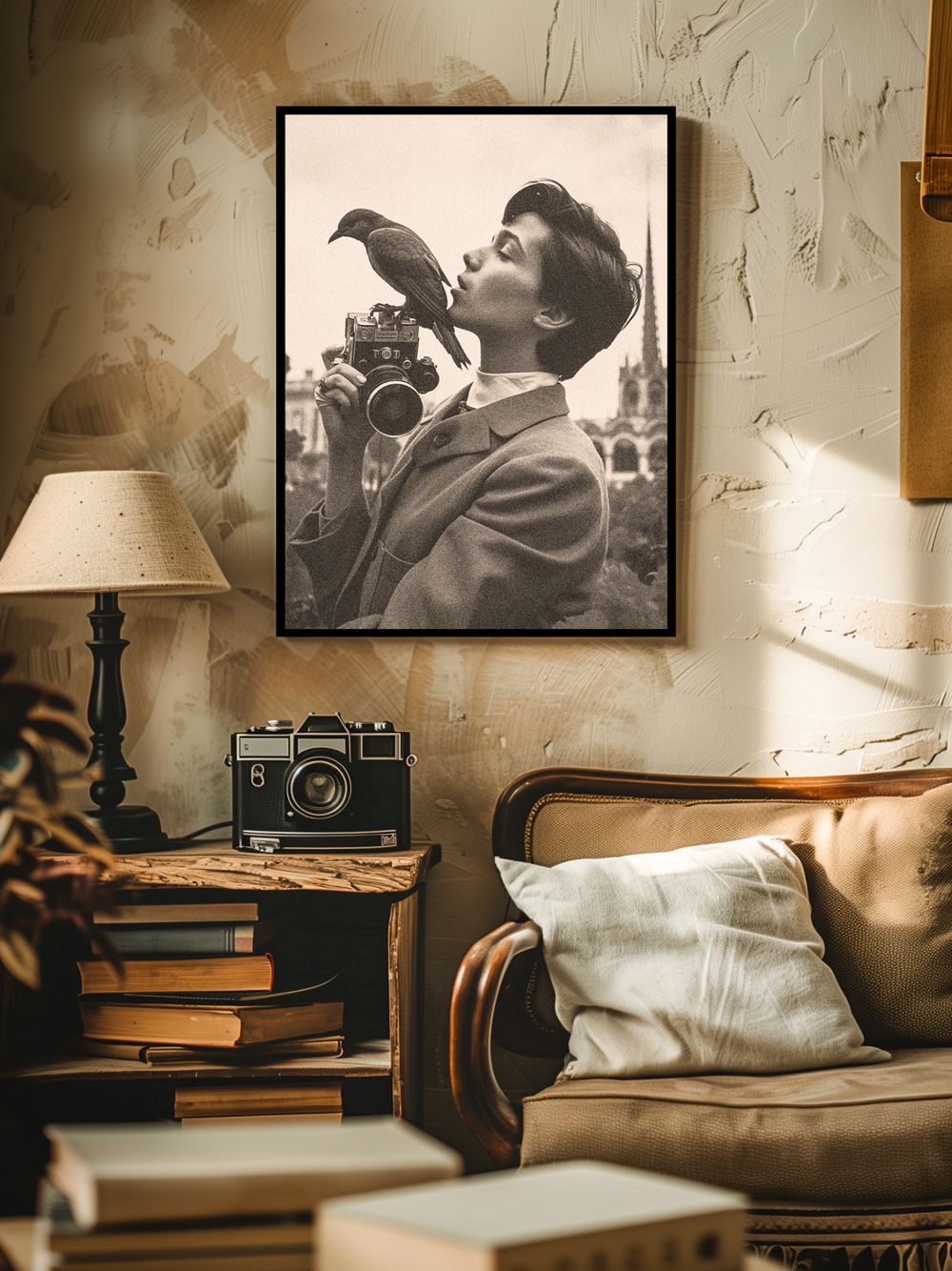A framed black and white photography poster showing a woman with a bird and camera hangs centered on a textured wall in a warm, vintage-style living room. Below it stands a wooden side table with an old analog camera, a stack of books, and a lamp, next to a beige retro armchair with a white pillow.
