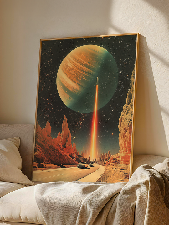 A framed retro sci-fi poster featuring a rocket launch under a large glowing planet, leaning against a neutral-toned wall in a soft, cozy living space. The artwork stands out vividly with warm red and orange desert tones, contrasted by the dark starry sky. Draped fabrics and cushions add texture to the scene, while natural light casts gentle shadows for a realistic effect.