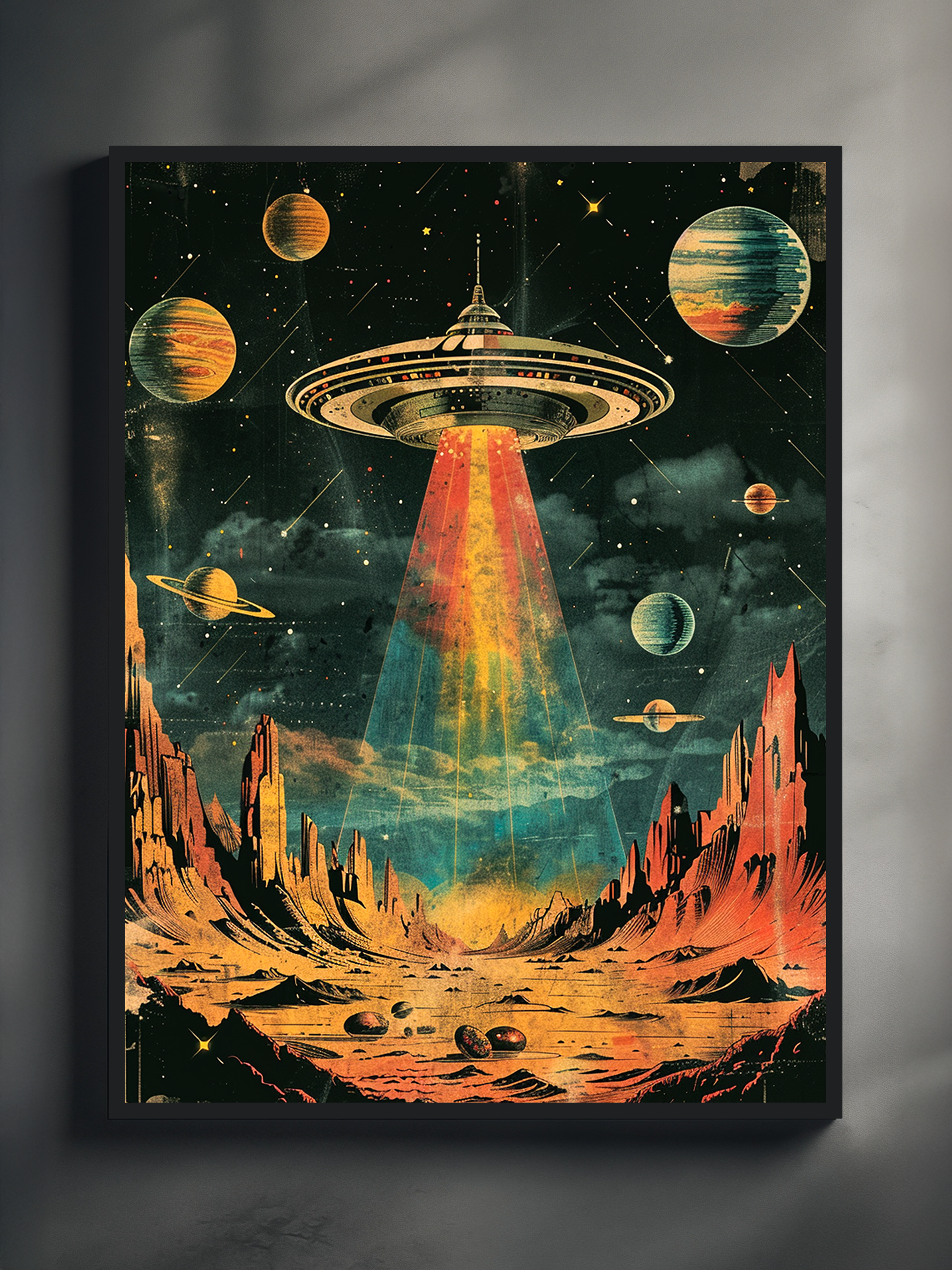 A large retro sci-fi poster featuring a bright UFO emitting a colorful beam over a surreal alien desert landscape with distant planets in the sky, framed and hanging on a simple light-colored wall for a bold visual focus.