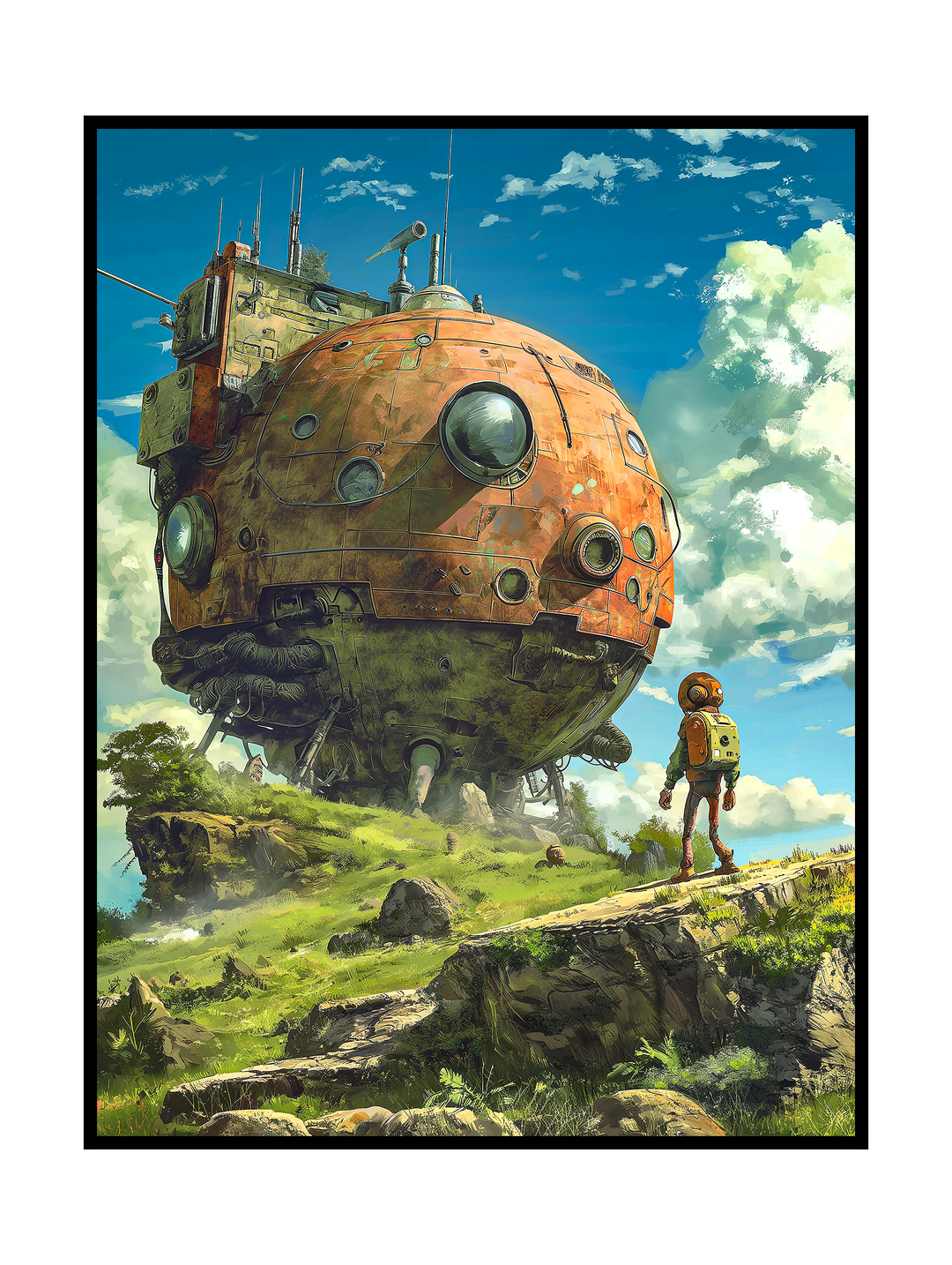 Retro-futuristic Studio Ghibli style science fiction artwork showing a lone astronaut standing on a grassy alien terrain, facing a massive spherical spacecraft with antennas and industrial details under a bright blue sky, evoking exploration, scale, and quiet cosmic mystery.