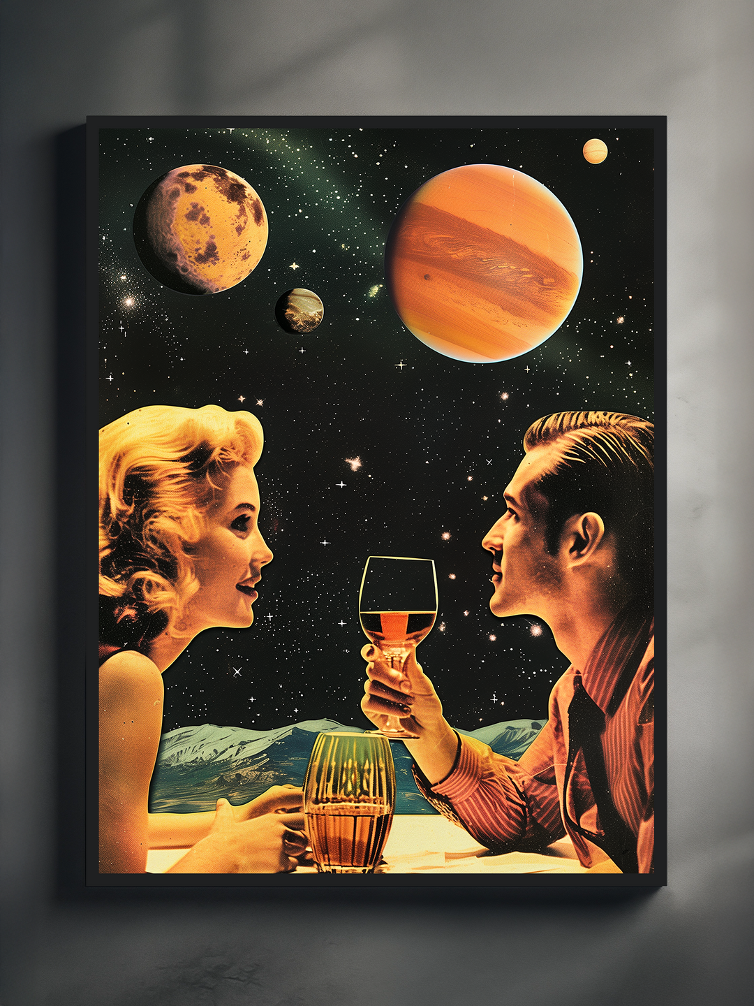 Framed retro-futuristic poster featuring a man and woman raising glasses in a romantic toast beneath a cosmic sky filled with colorful planets and stars. The surreal mid-century style artwork blends vintage aesthetics with sci-fi imagination, making it a bold and nostalgic wall decor piece for space lovers and retro art fans.