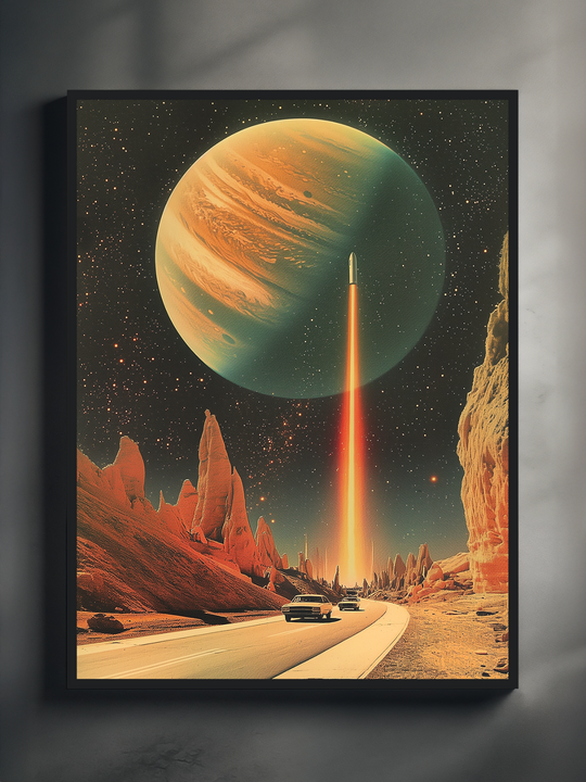 A retro-inspired science fiction poster showing a rocket launch with a glowing trail beneath a massive planet in space. The framed artwork is displayed against a clean, dark gray wall, with soft shadows creating a subtle 3D effect, highlighting the vivid colors and cosmic details.