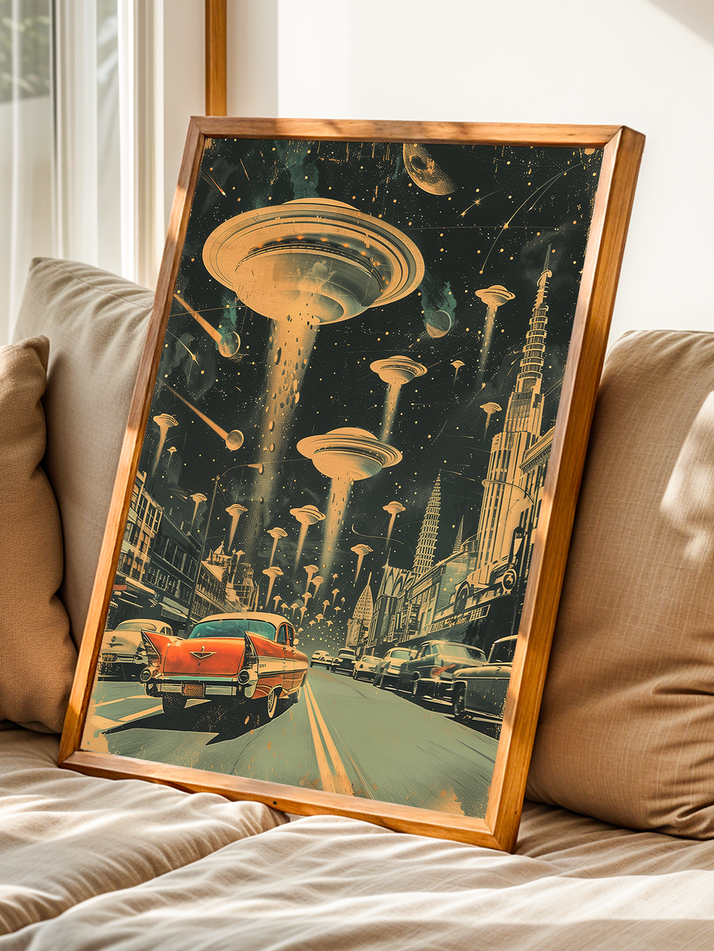A framed retro sci-fi poster showing a vintage red car driving through a city while UFOs hover above, displayed leaning on a beige couch in a softly lit modern living room.
