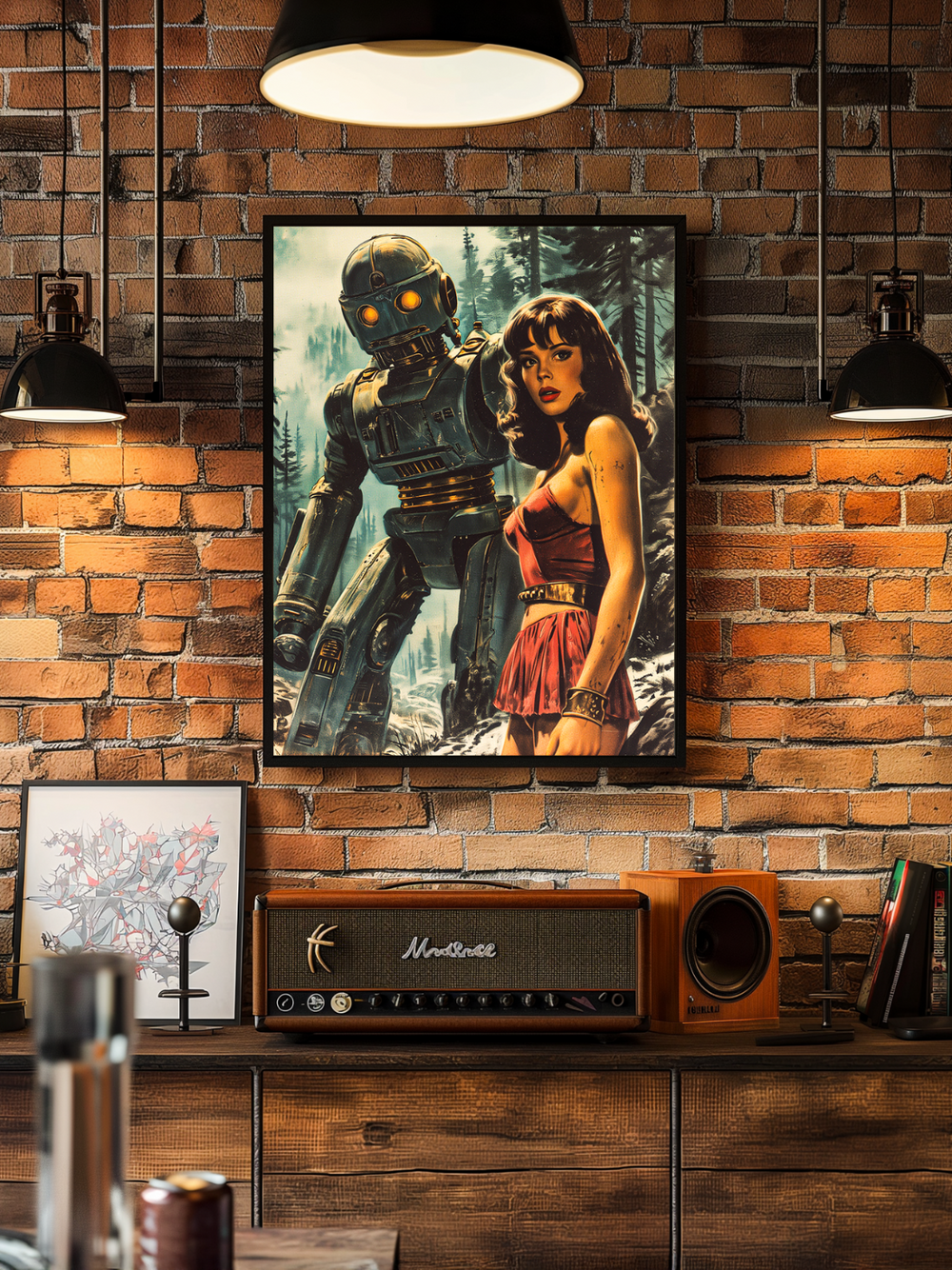 A retro-style sci-fi poster with a robot and a woman in a red dress displayed in a black frame on a brick wall, surrounded by warm lighting, vintage speakers, and wood furniture, creating a nostalgic and cozy atmosphere.