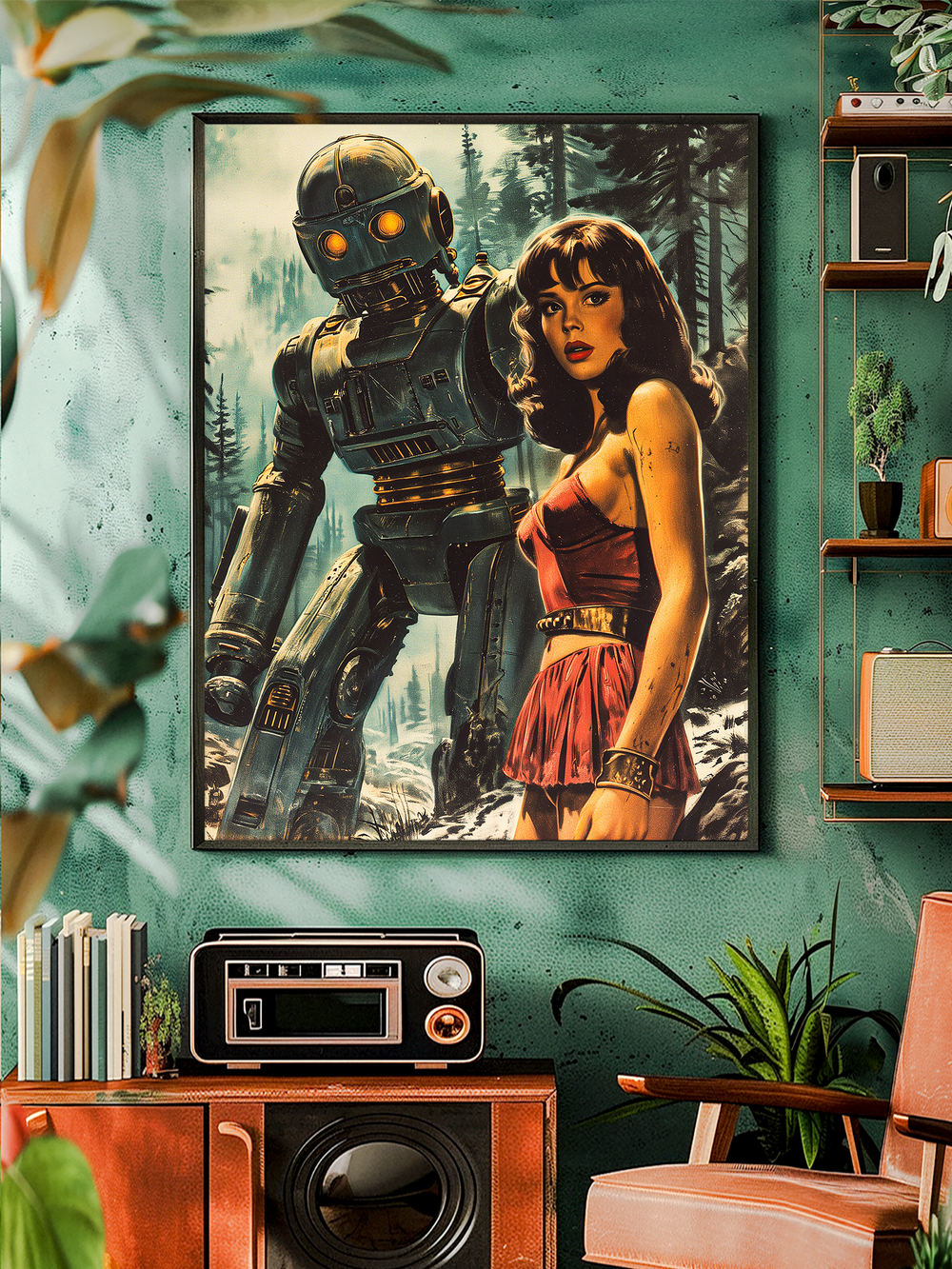 A retrofuturistic poster depicting a humanoid robot with glowing eyes standing beside a woman in a red dress, set against a forest background. The artwork hangs on a green textured wall in a mid-century modern interior with vintage furniture, plants, and warm ambient lighting.