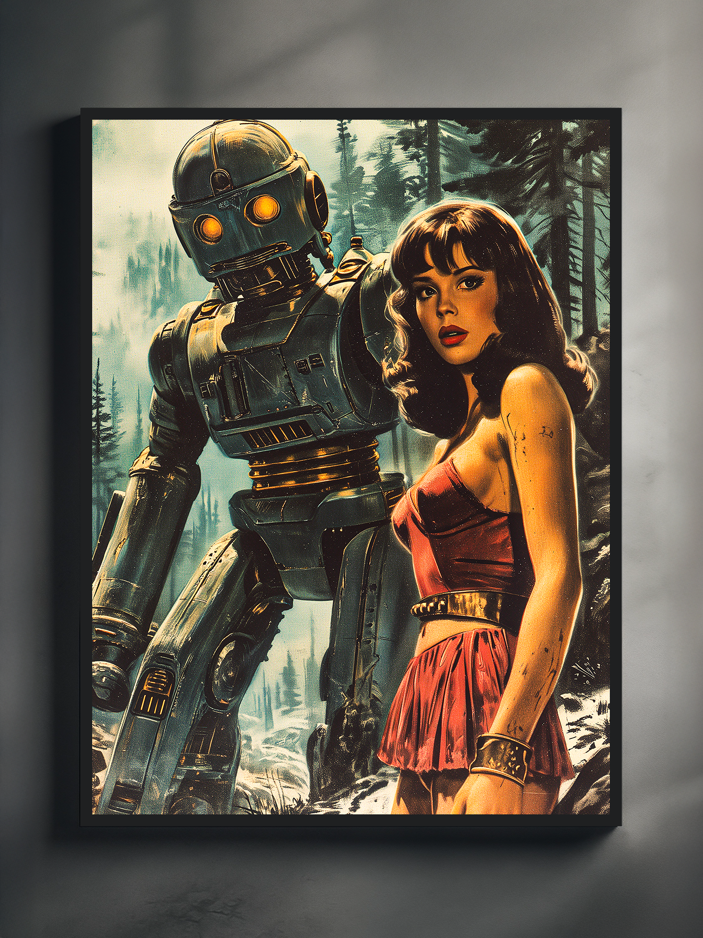 A vintage-style poster featuring a woman in a red dress and a large robot, displayed in a black metal frame on a white textured wall. The artwork has a retro sci-fi aesthetic with forest background and muted tones.