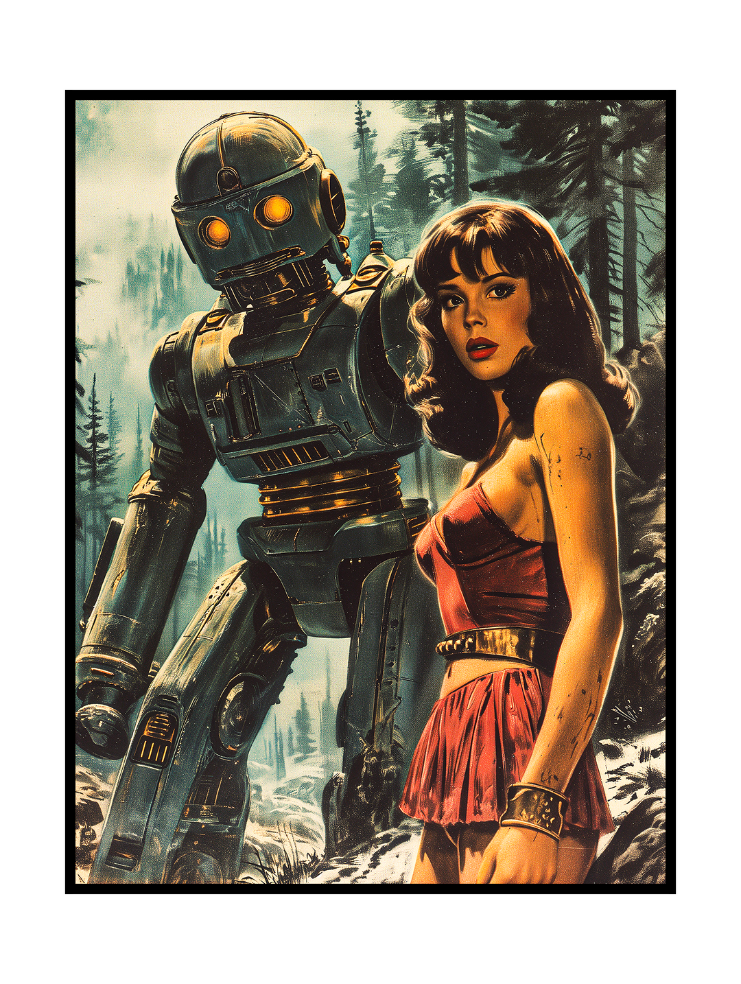 A retro science fiction illustration showing a woman in a red dress standing beside a towering robot in a forest setting. The artwork combines vintage sci-fi aesthetics with cinematic lighting, evoking classic pulp fiction, human-machine contrast, and a nostalgic futuristic atmosphere.