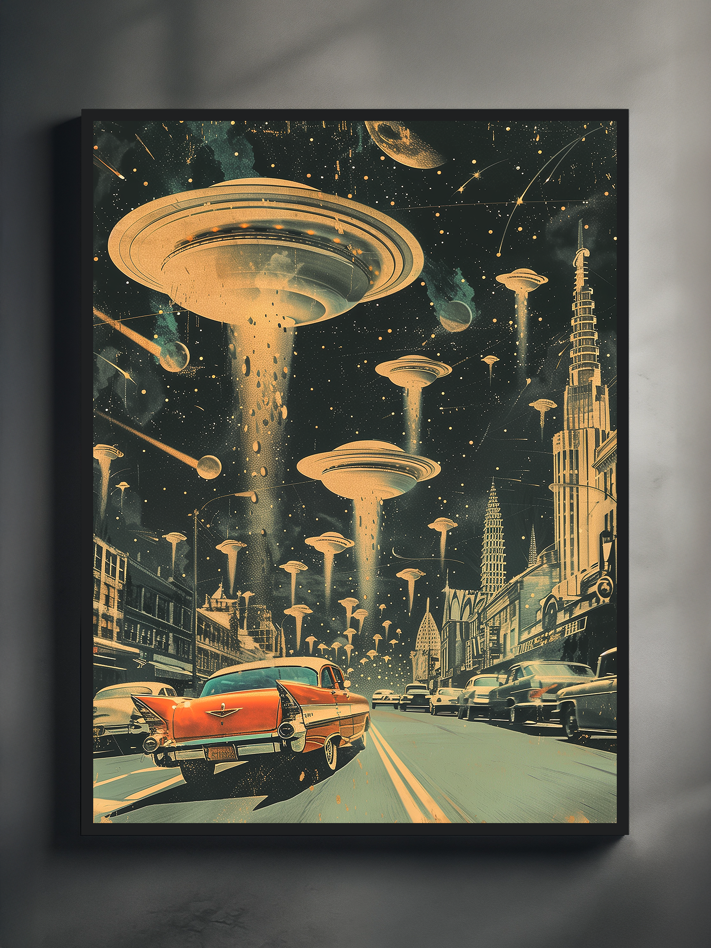 Retro futuristic city street poster showing a classic car driving through a neon night skyline while UFOs hover above in a star filled sci fi atmosphere.