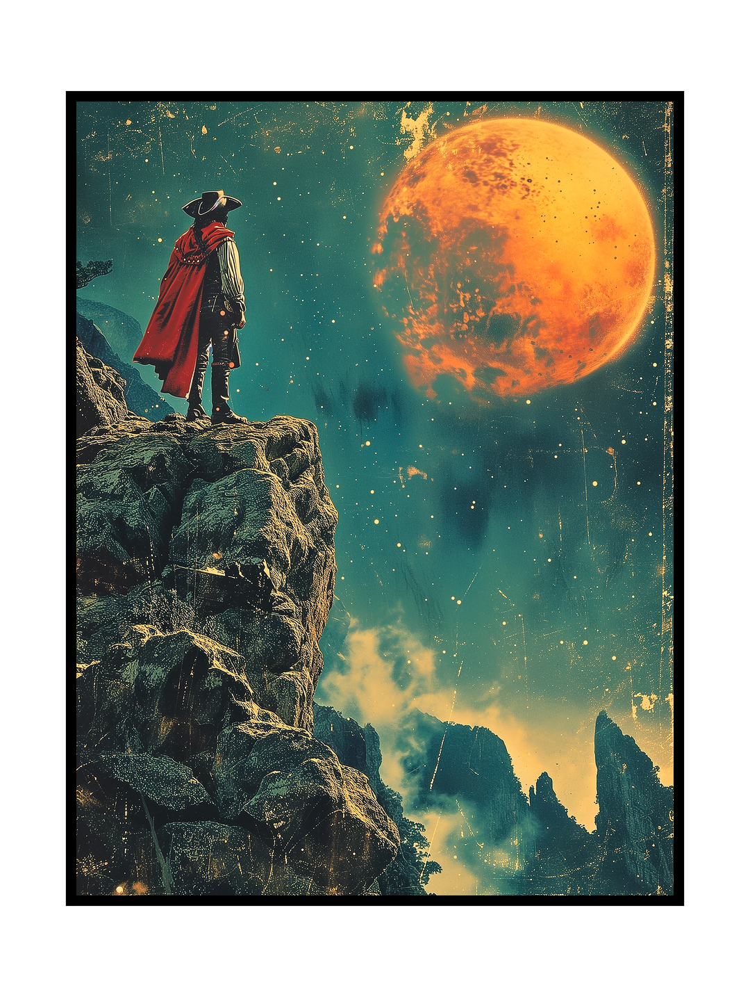 Retro science fiction artwork depicting a lone explorer in a red cloak standing on a rocky cliff, gazing toward a glowing alien planet in a star filled sky, evoking space adventure and cosmic exploration.