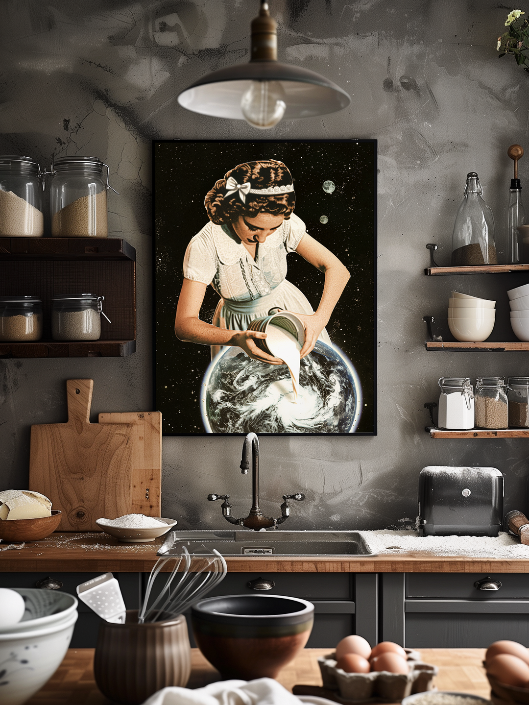 A retro-style poster featuring a woman in a white dress pouring cosmic dust over a planet Earth hangs centered above a kitchen sink in a cozy, rustic kitchen. The space-themed artwork is framed in black and surrounded by textured concrete walls, wooden shelves with jars, bowls, and kitchen tools. The scene includes a wooden countertop with eggs, ceramic bowls, and baking utensils, creating a warm, lived-in atmosphere with a touch of surrealism.