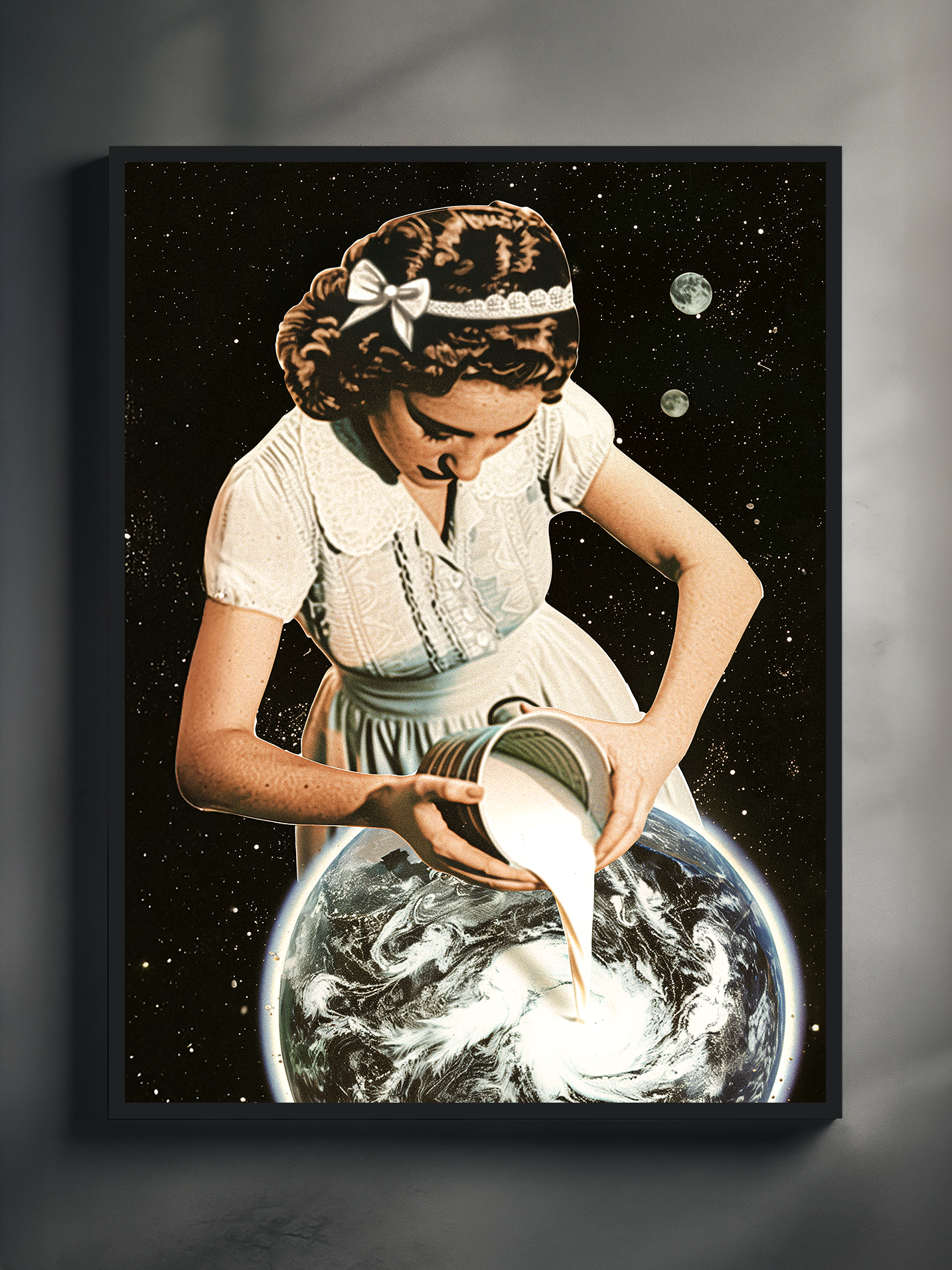 Surreal retro collage wall art showing a vintage woman pouring milk into a glowing Earth-like planet, set against a starry space background.