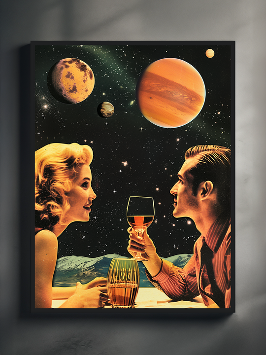 Surreal retro sci fi wall art showing a vintage couple sharing drinks at a table with a starry galaxy sky and colorful planets floating above.