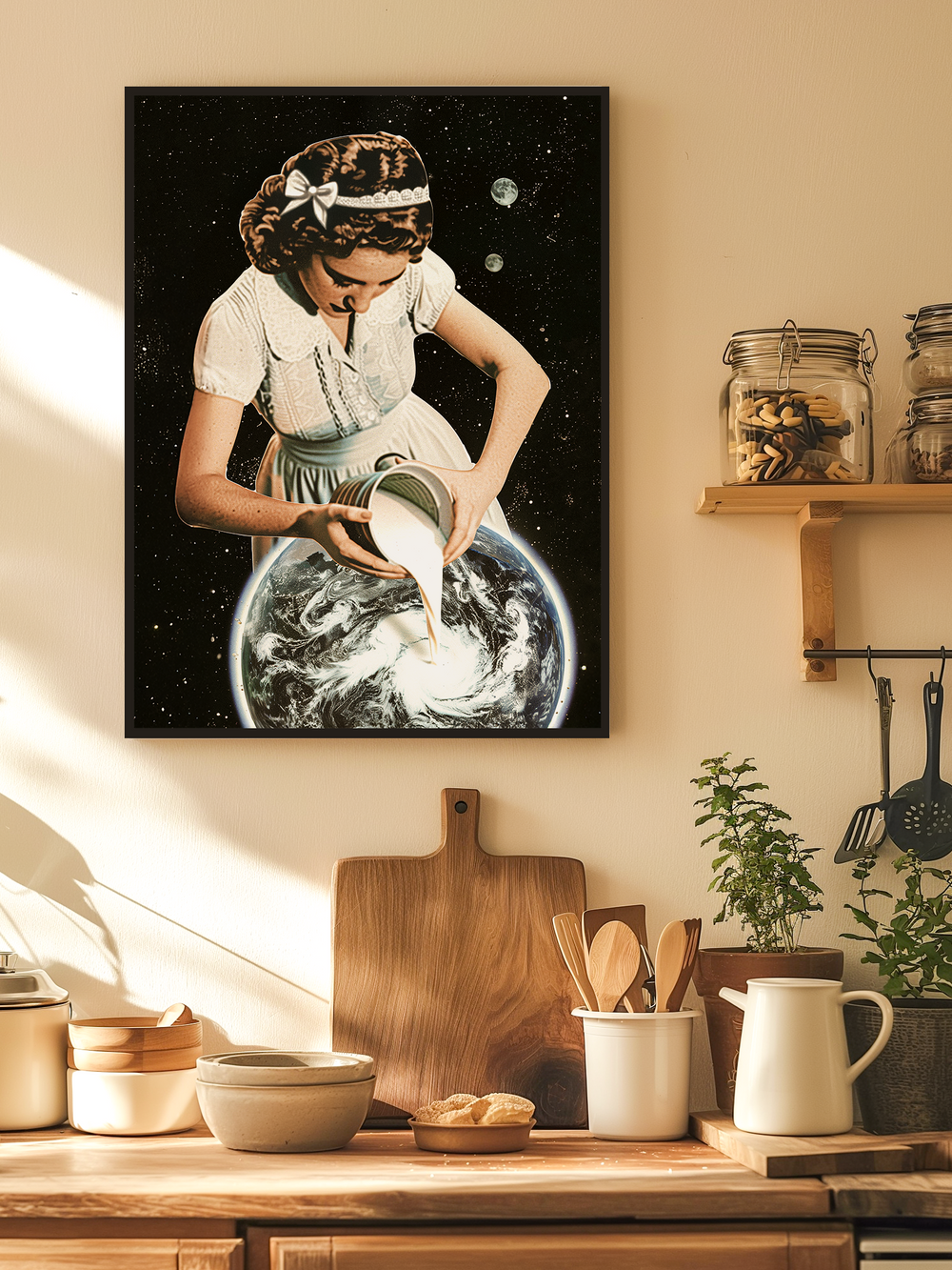 Framed retro-futuristic poster of a girl pouring milk into Earth, displayed above a warm wooden kitchen counter with natural light, plants, and rustic decor.