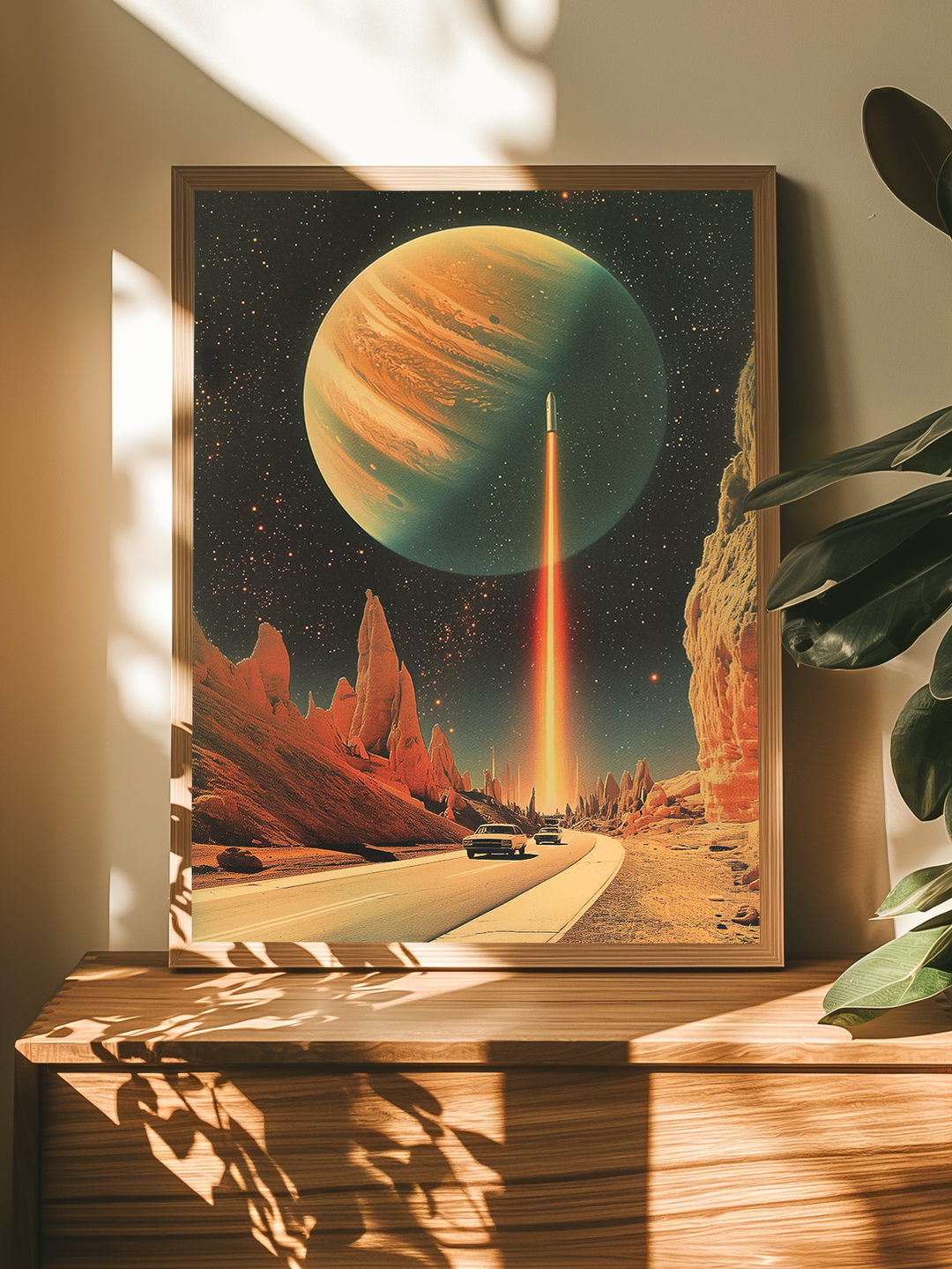 A retro-futuristic space poster featuring a rocket launching into the sky with a giant planet in the background. The poster is framed in a wooden frame and placed on a wooden sideboard, surrounded by indoor plants and bathed in soft, natural sunlight with visible shadows on the wall and surface.