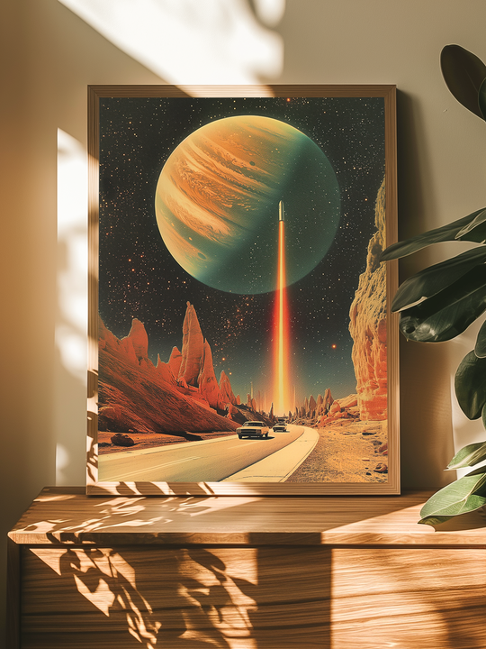 A retro-futuristic space poster featuring a rocket launching into the sky with a giant planet in the background. The poster is framed in a wooden frame and placed on a wooden sideboard, surrounded by indoor plants and bathed in soft, natural sunlight with visible shadows on the wall and surface.