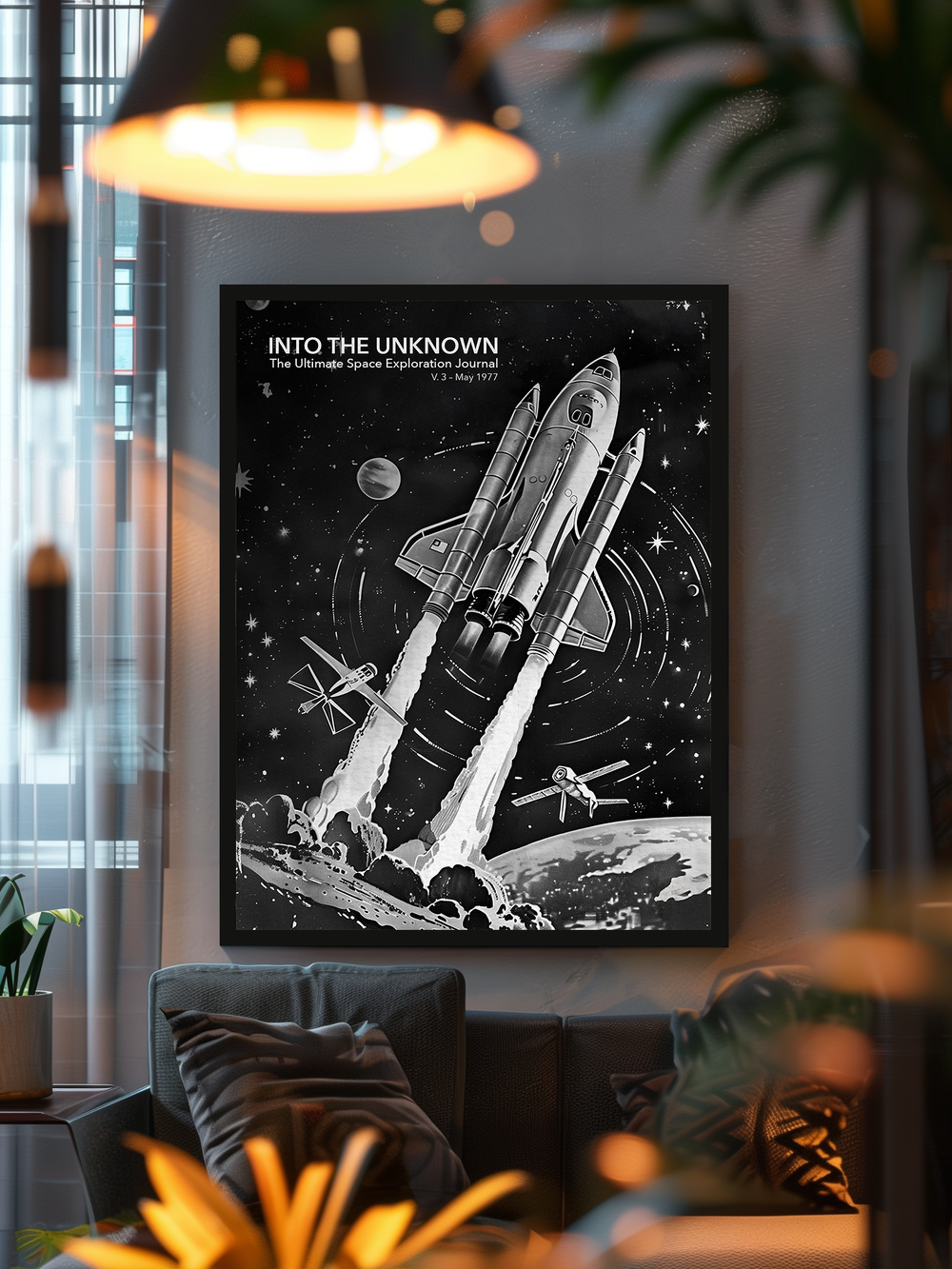 A black and white retro-style poster featuring a space shuttle launch with planets and satellites, titled “Into the Unknown”, displayed in a stylish, cozy living room with soft lighting, plants, and a modern couch.